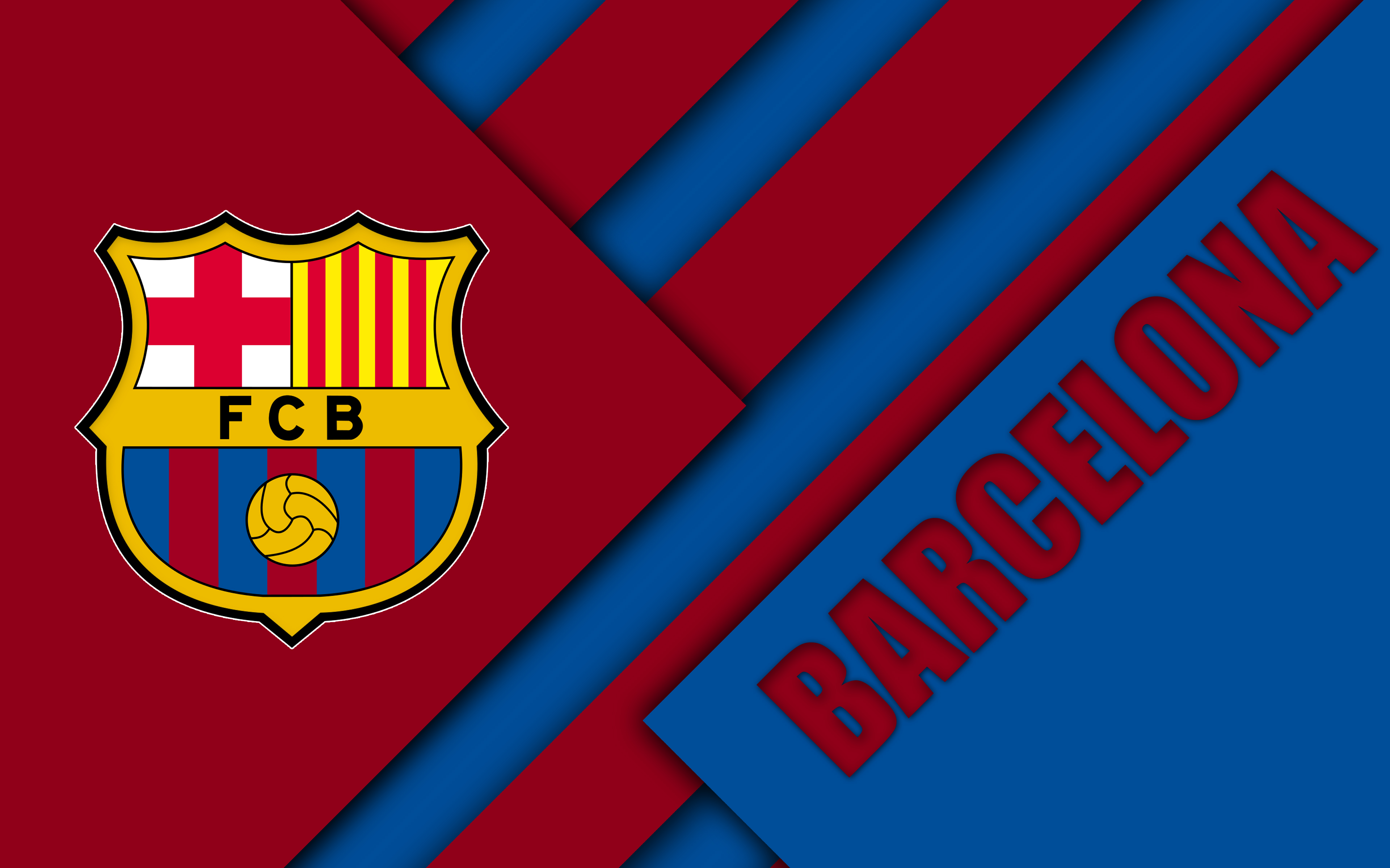A stylish 4K wallpaper featuring the FC Barcelona crest on a geometric red and blue background