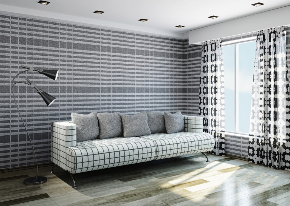 Checkered Fabric Sofa With Matching Wallpaper Interior Design