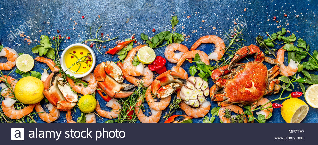 Baner Fresh Raw Seafood Shrimps And Crabs With Herbs Spices