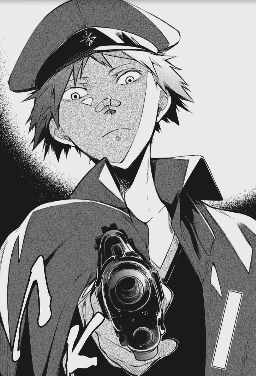 Black and white manga-style image of Tachihara Michizō from Bungou Stray Dogs pointing a gun at the viewer, wearing his Port Mafia hat and uniform