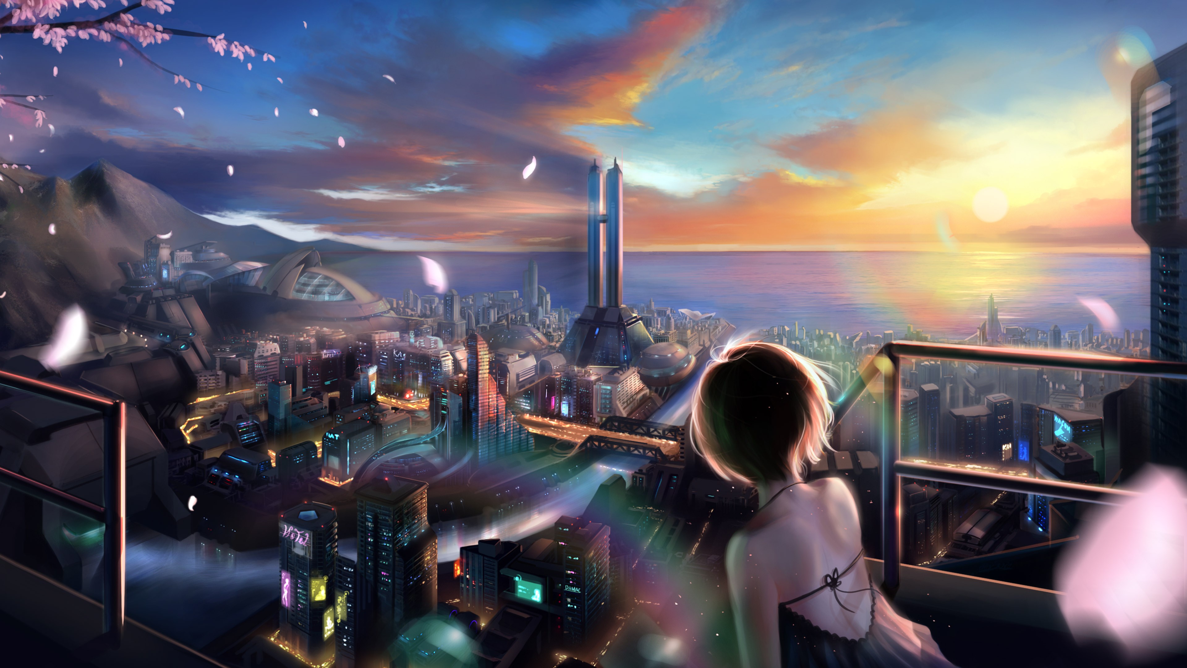 4K Anime Wallpaper: Girl Watching Futuristic City Sunset