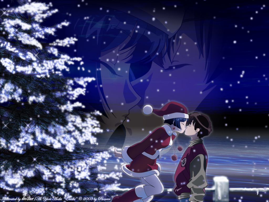 Christmas Anime Girl Boy Night Kiss Hd Wallpaper Search More High