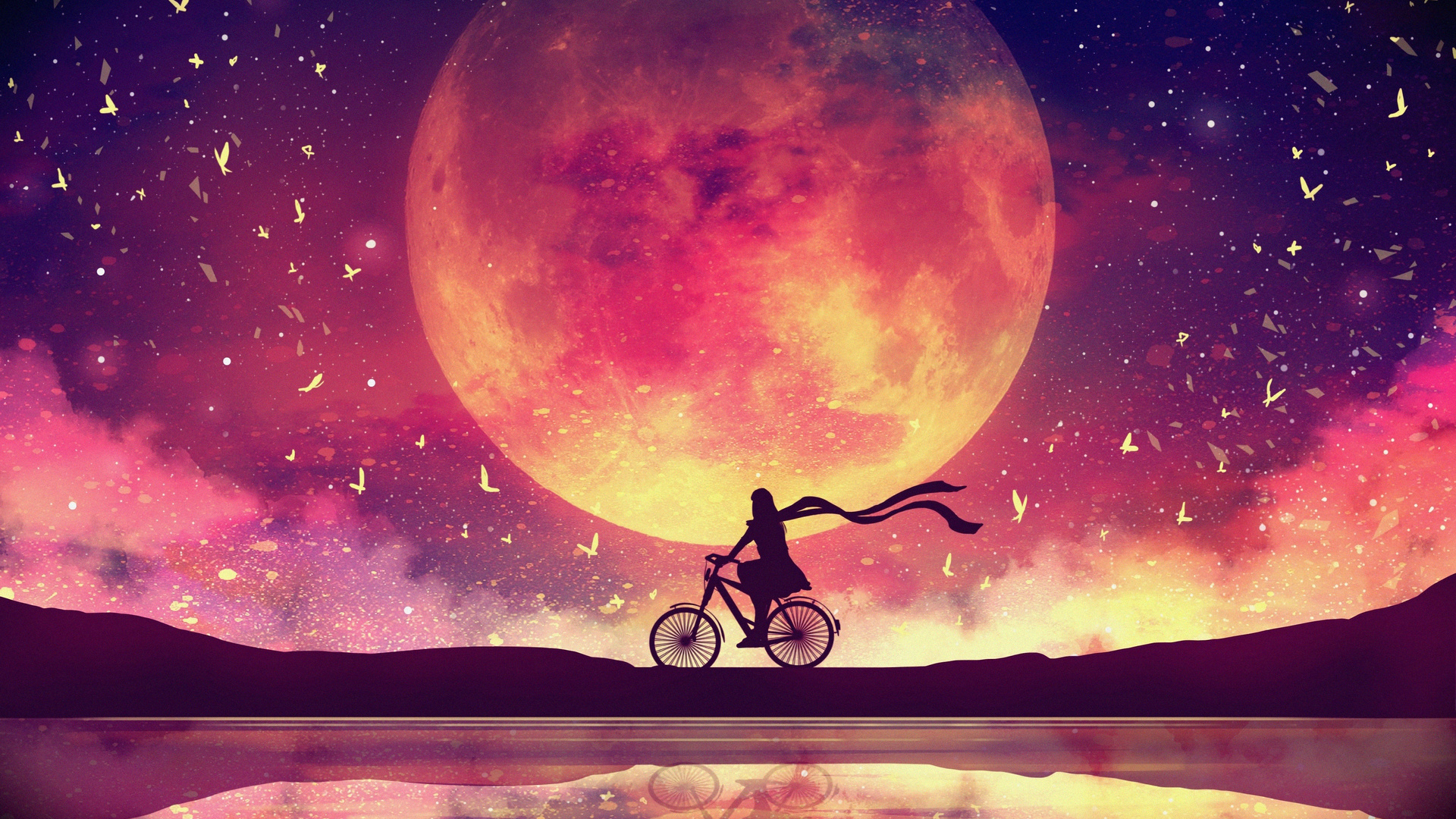 A silhouette of a person riding a bicycle along a tranquil shore beneath a large, vibrant moon, with flocks of birds soaring across the colorful, star-studded sky. The scene is reflected in the calm water below, creating a serene and picturesque view