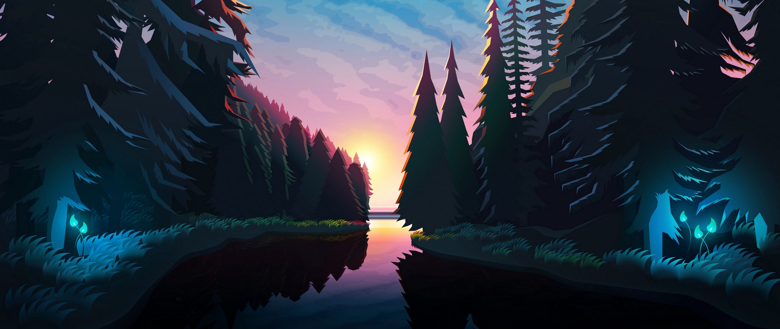 Wallpaper River Forest Sunset Landscape Art Dual