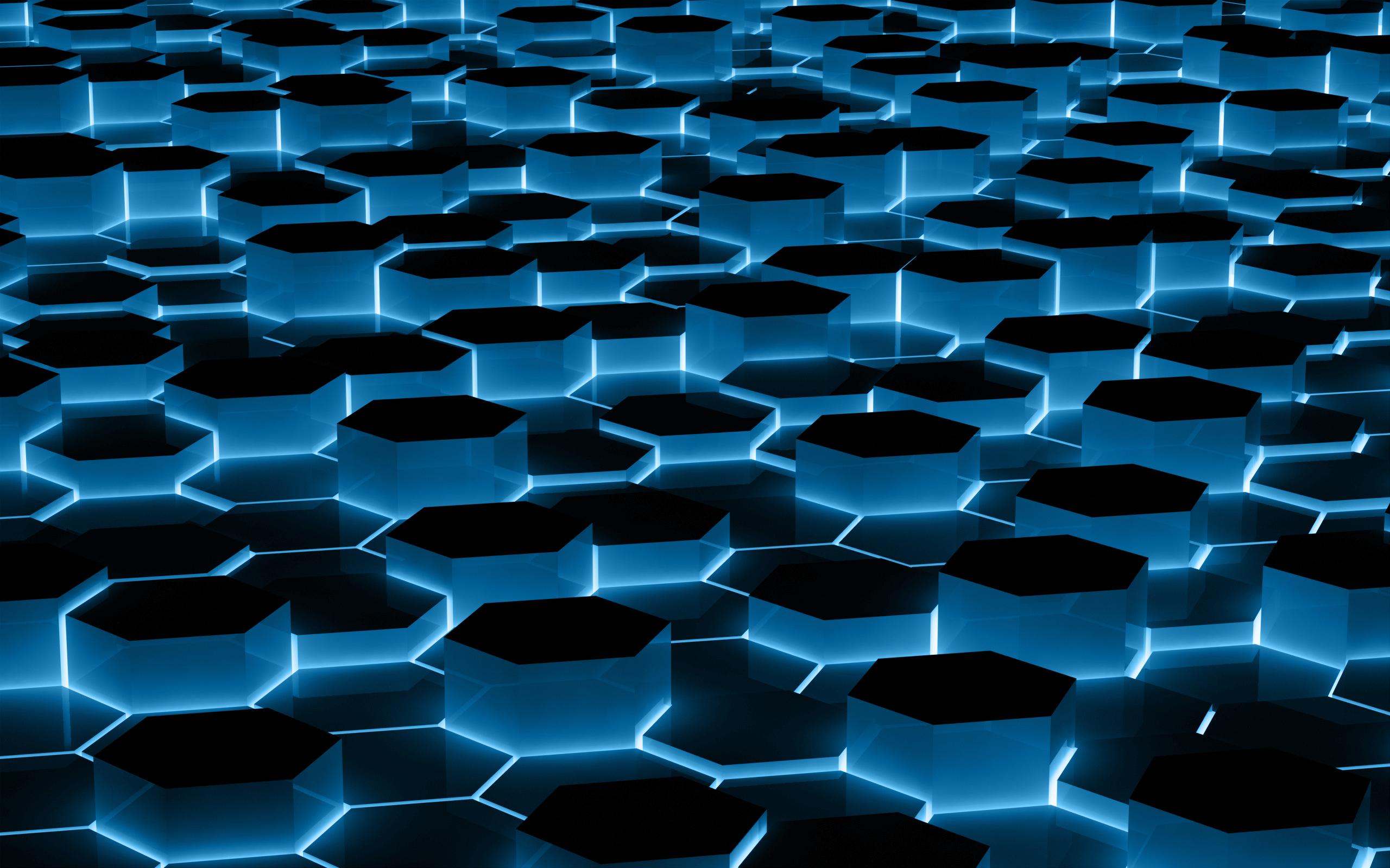 A futuristic background with glowing blue neon hexagons creating a 3D honeycomb pattern, perfect for a cool PC wallpaper