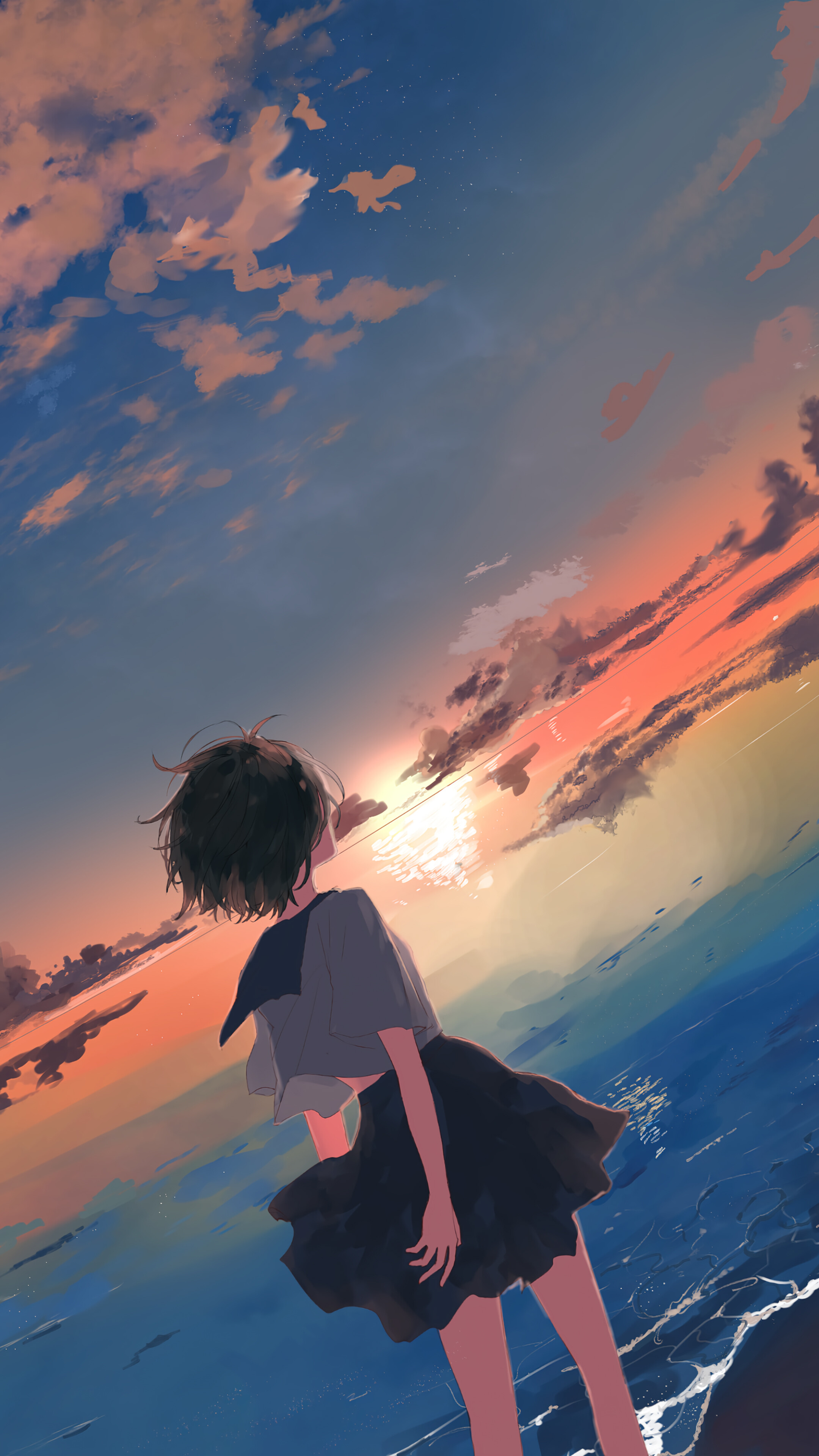 Mobile wallpaper: Anime, Sunset, Sky, Bird, Cloud, Blonde, Original,  1296841 download the picture for free.