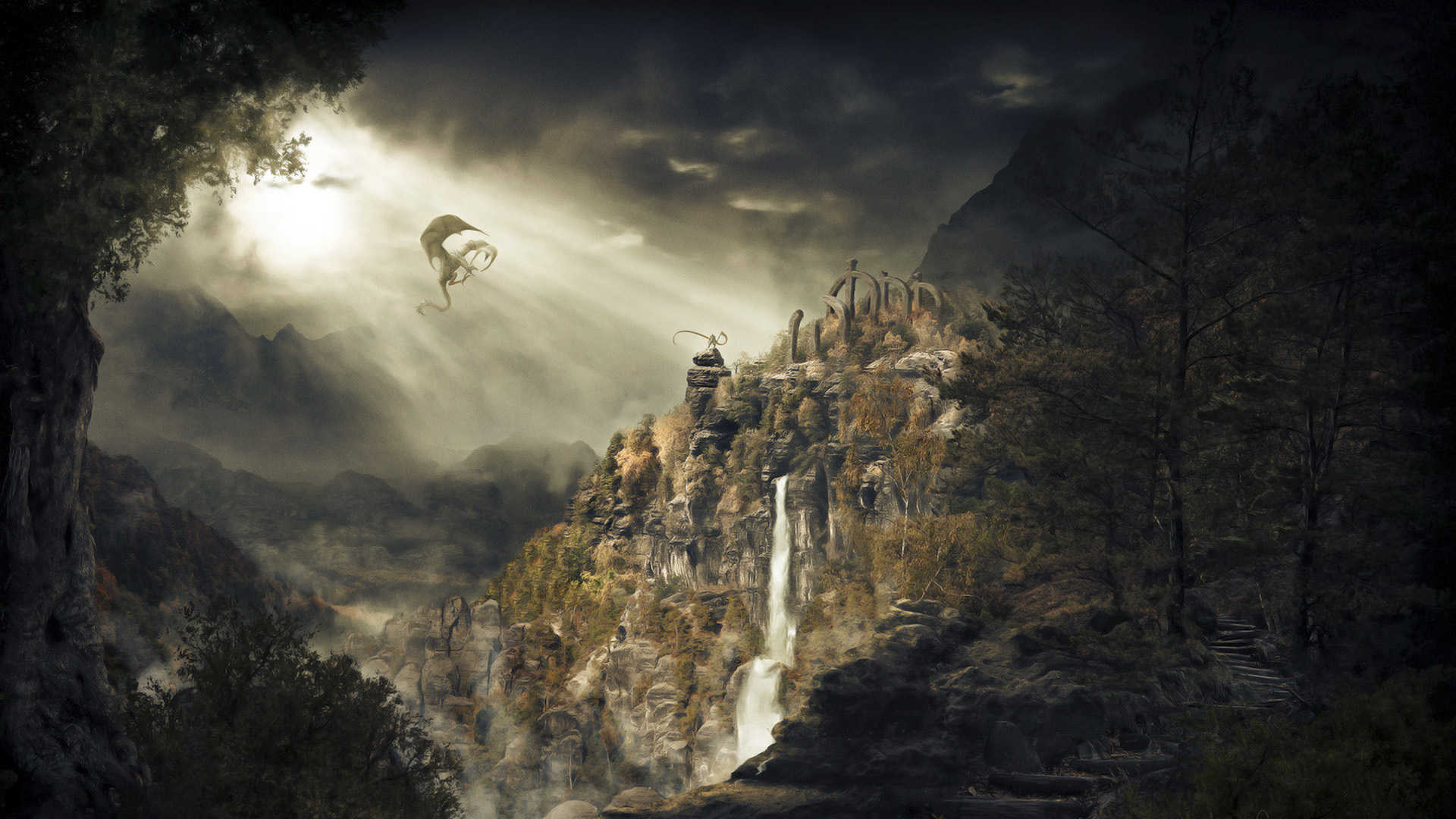 Wallpaper Dragon Mountains Waterfalls Skyrim Dragonborn