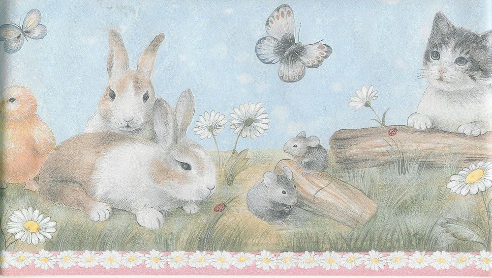 Baby Bunnies Ducks Kittens Mice Daisies Wallpaper Border