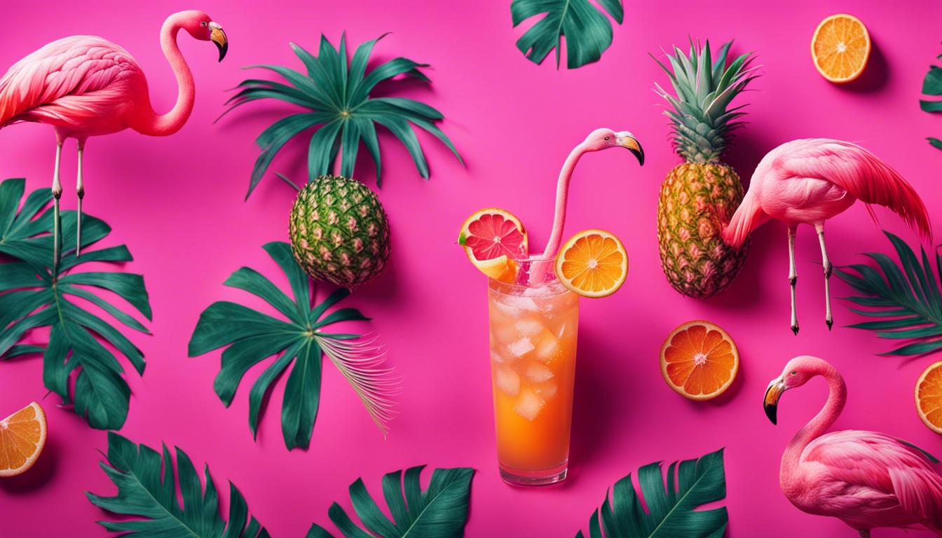 A Vibrant And Refreshing HD Wallpaper Featuring Collage Of Pink Summer iPhone Showcasing Blend Tropical Imagery Like Palm Trees Flamingos Drinks The Design Should Exude Summery Lively Atmosphere Perfect For Brightening Up Any Phone Screen During Warm Months