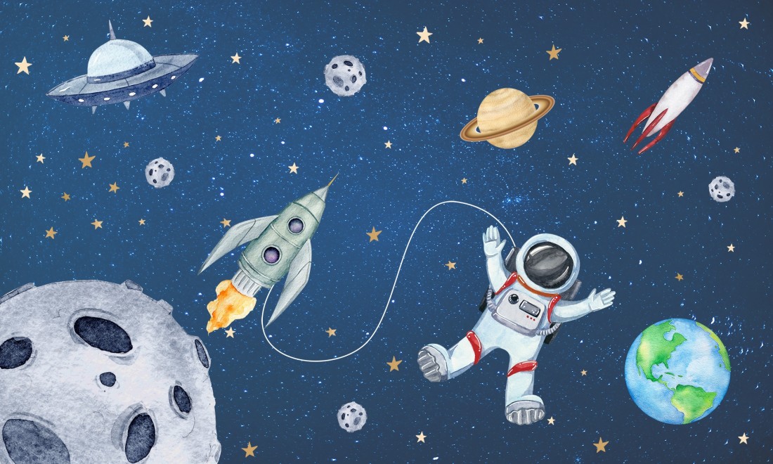 Kids Watercolor Space with Spaceship and Astronaut Wallpaper Mural