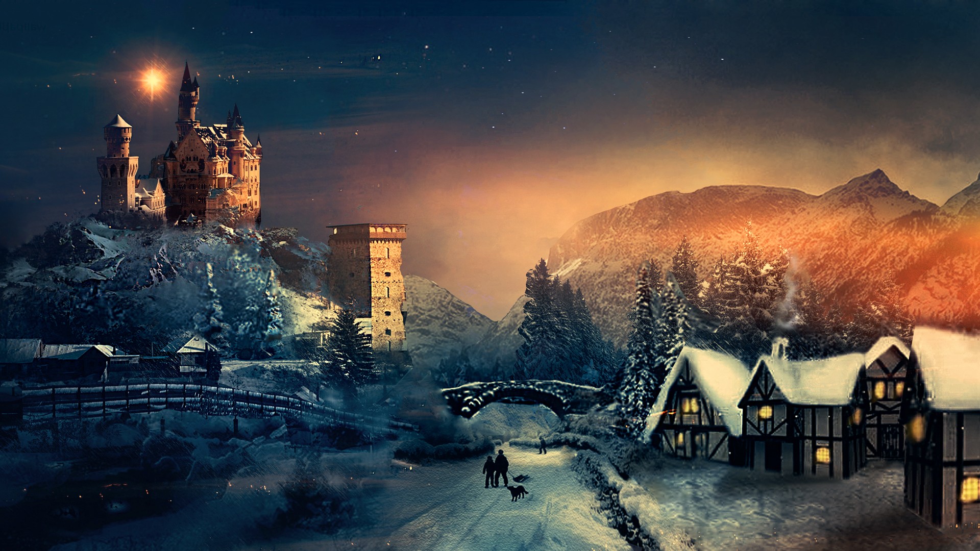 A Christmas fantasy landscape with a snow-covered castle, village, and mountains under a starry night sky