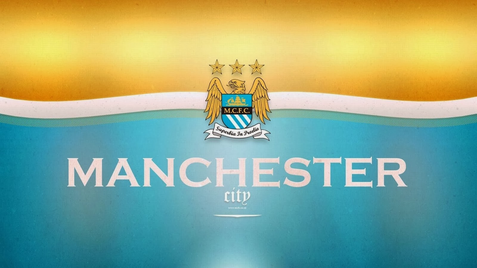 Manchester City FC logo on a teal and gold background