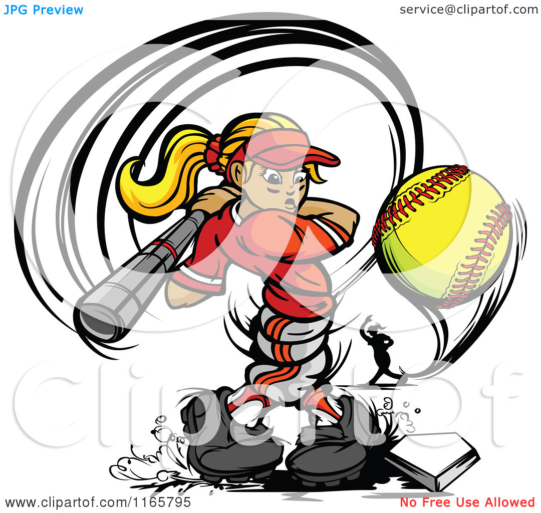 Cartoon Of A Strong Female Baseball Player Swinging And Hitting