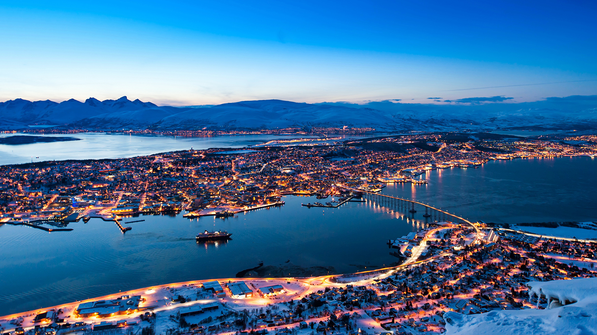 Image Norway Tromso River Night Time Cities Building