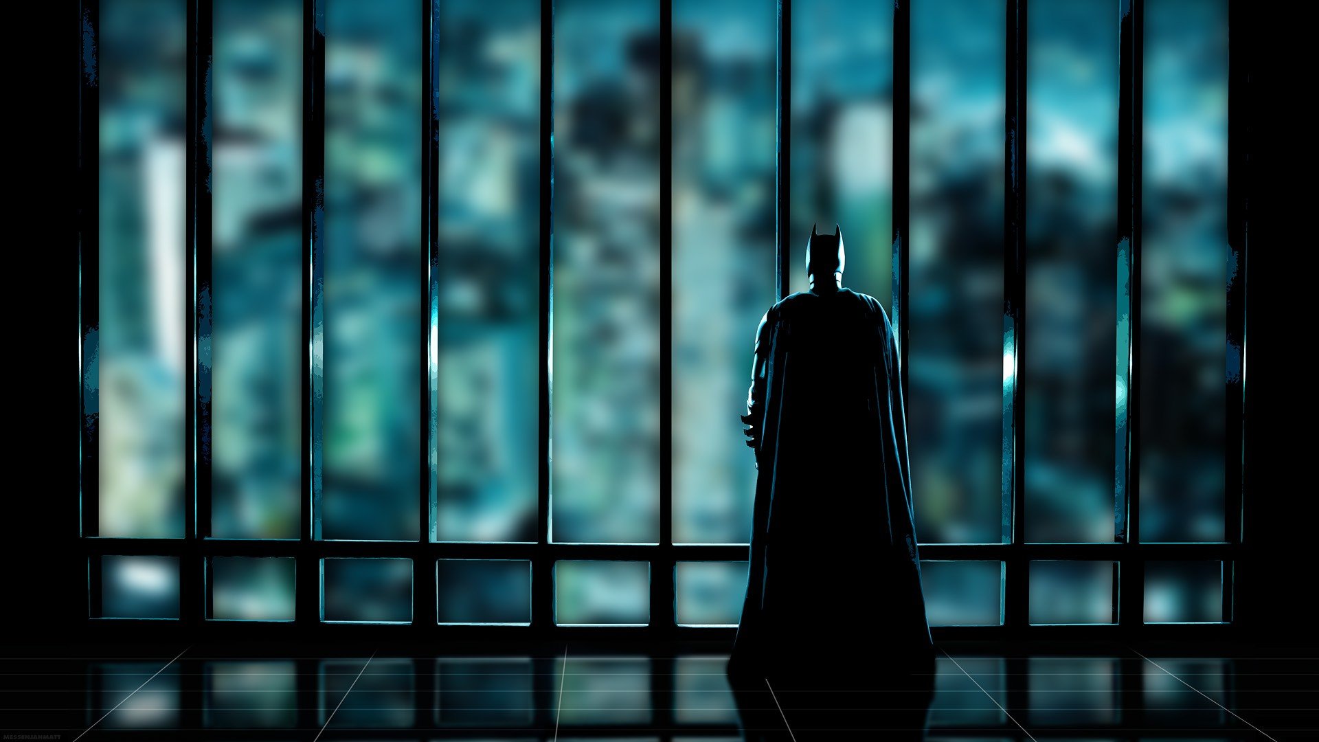 Batman silhouettes superheroes Gotham City window panes wallpaper