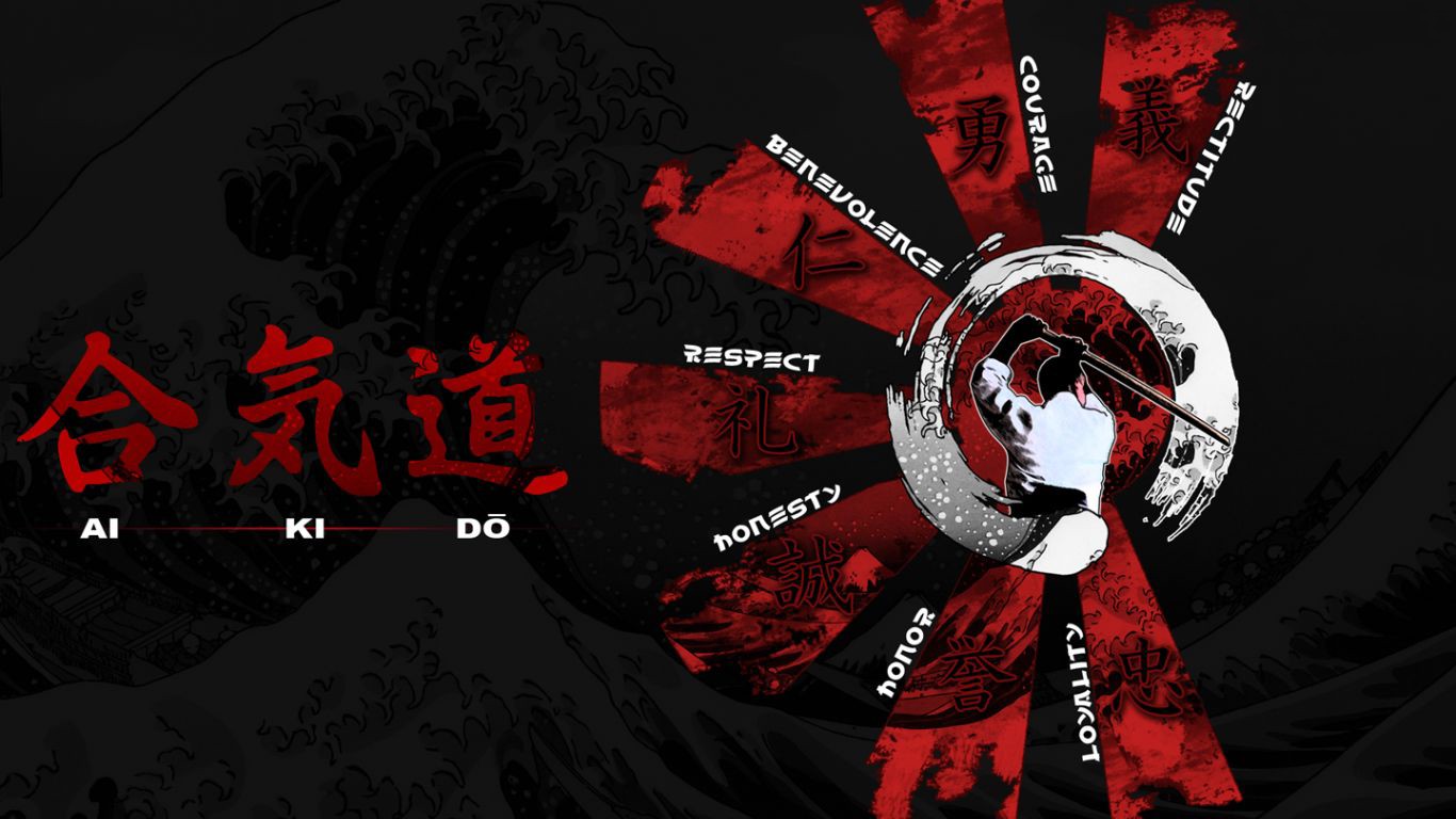 Aikido Martial Arts Wallpaper with Japanese Calligraphy and Principles