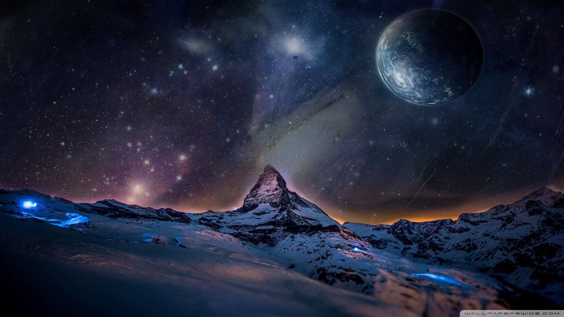 A breathtaking view of the Matterhorn under a starry night sky with a large planet in the background