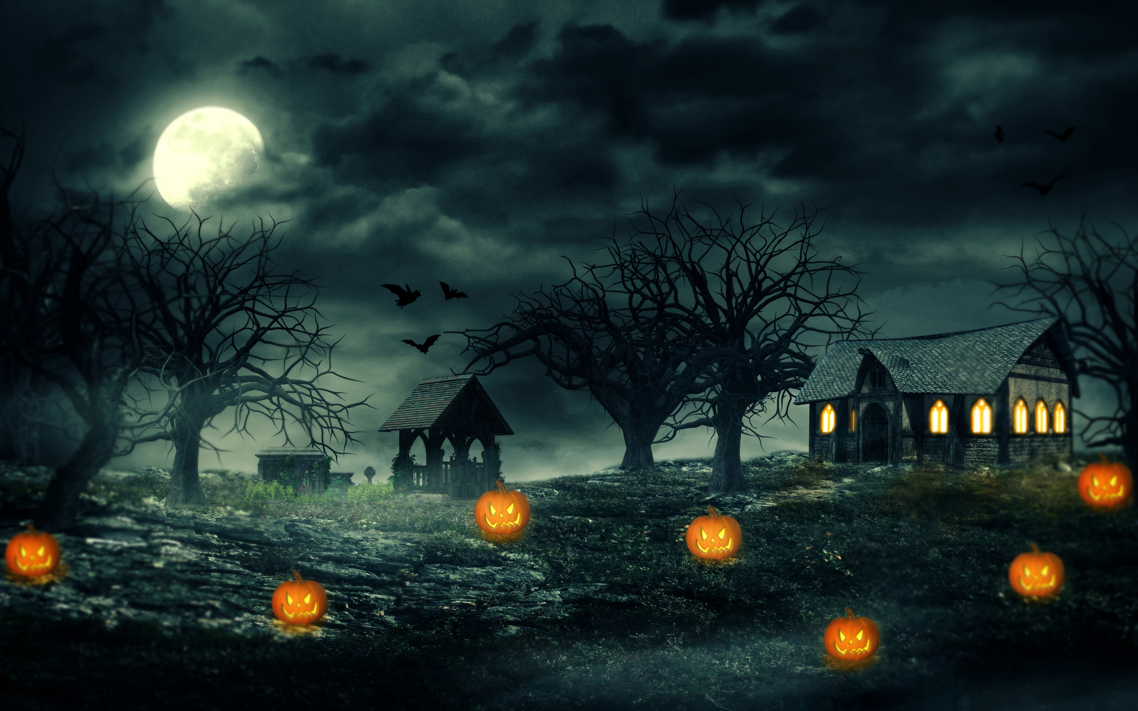 Halloween Night Pumpkins Haunted House Scary widescreen wallpaper