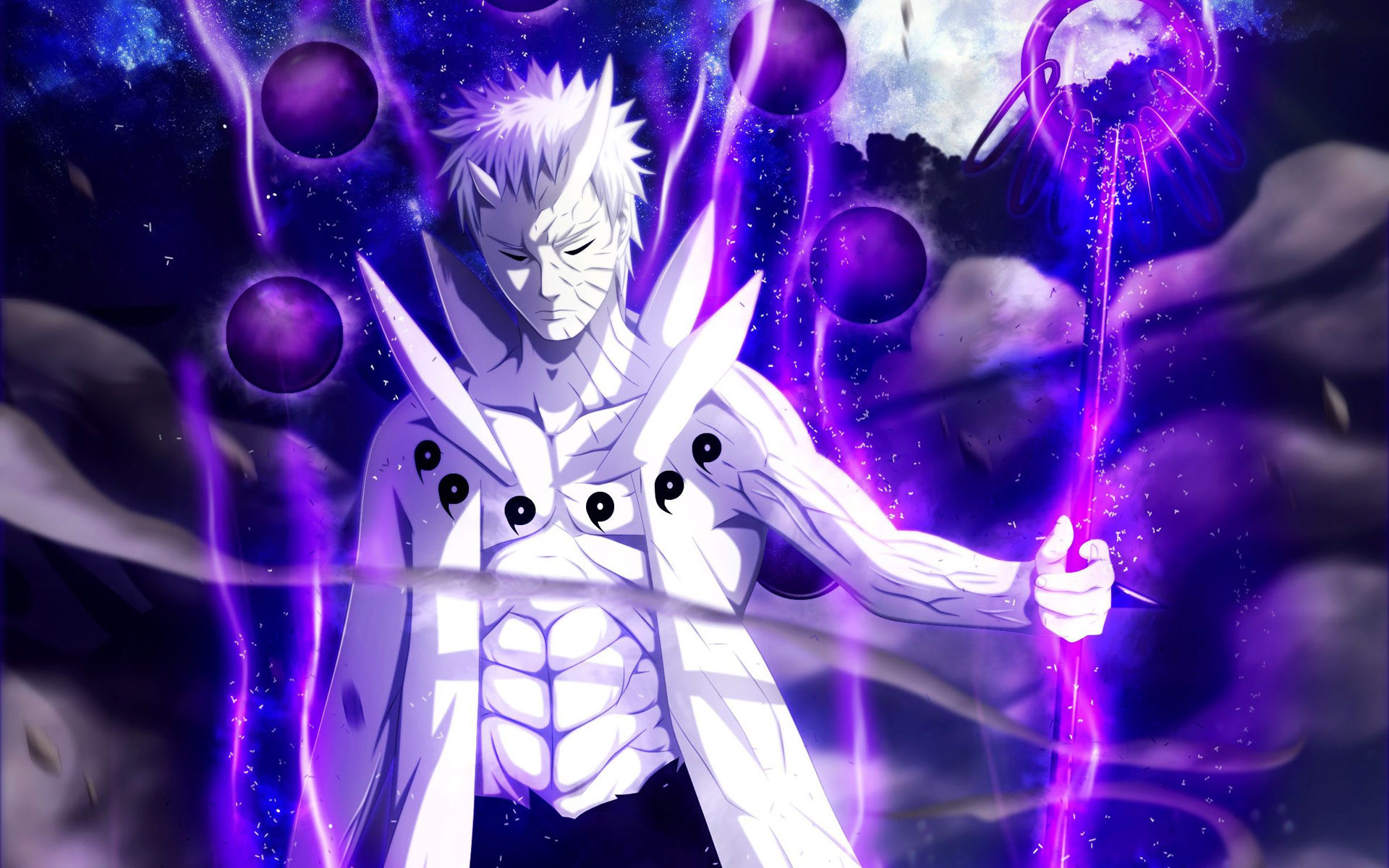 Obito Uchiha in his Six Paths Sage Mode, wielding a purple staff and surrounded by Truth-Seeking Orbs, against a vibrant purple cosmic backdrop