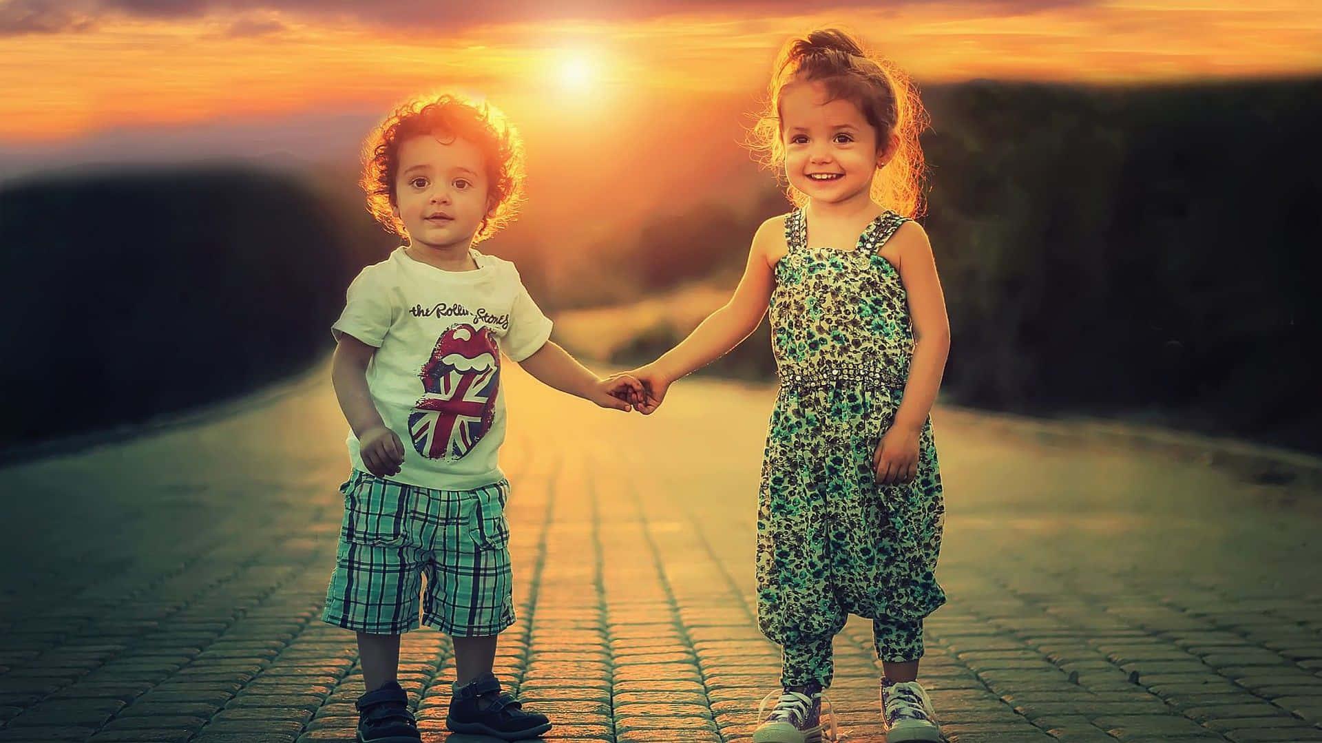 Cute Baby Couple Holding Hands Sunset Wallpaper