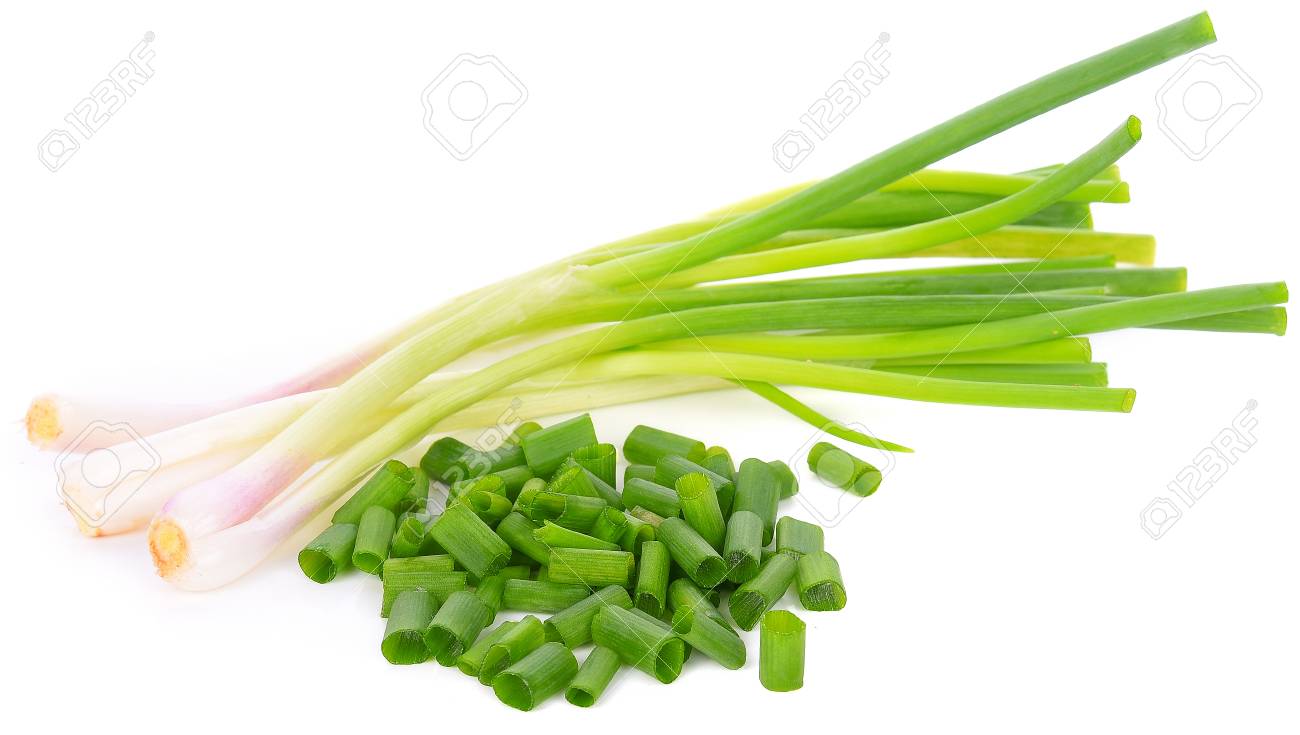 Heap Of Chopped Spring Onions Isolated On White Background Stock