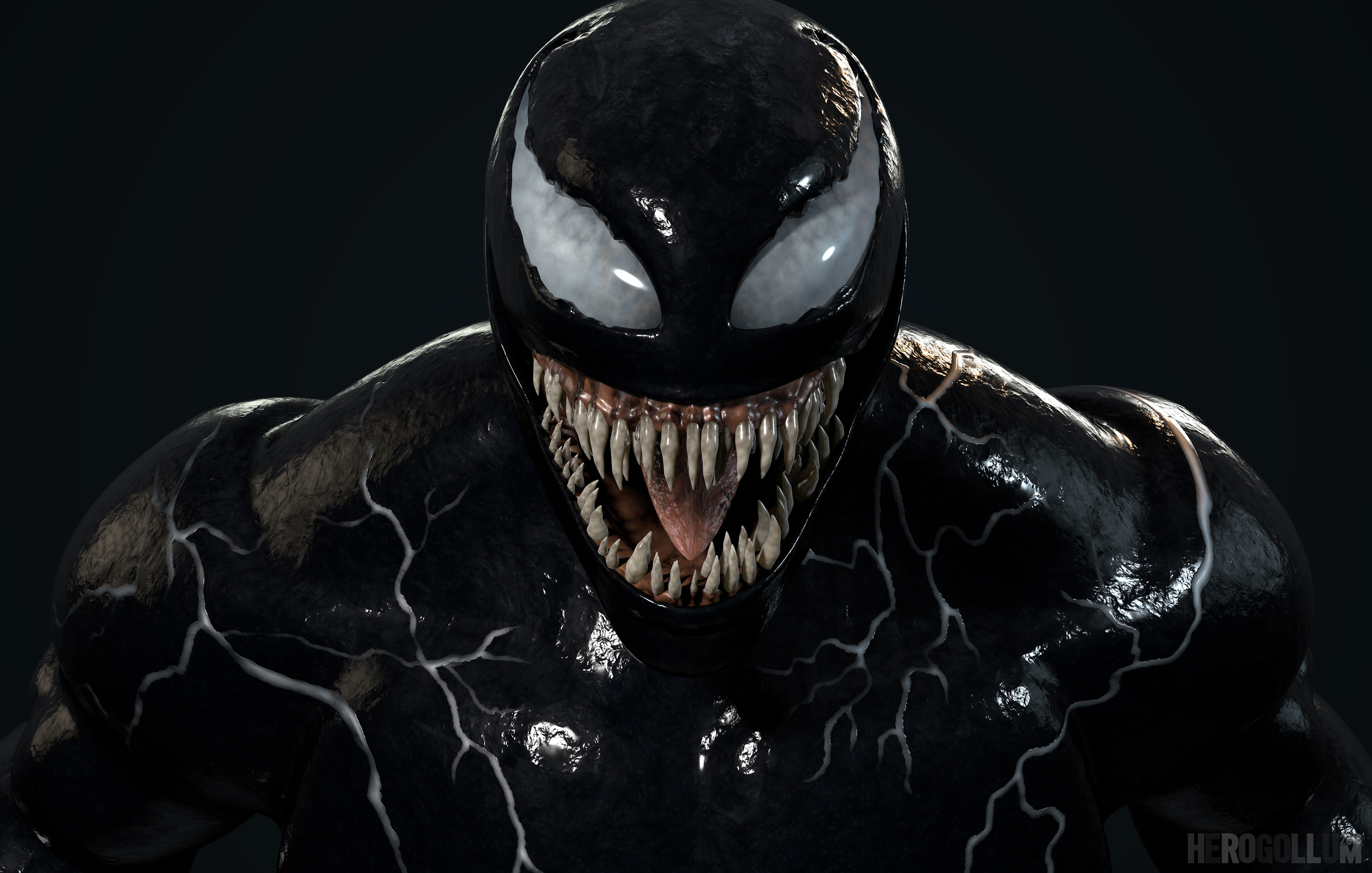 Close-up of Venom's menacing face, showcasing his sharp teeth, long tongue, and white eyes against his black symbiote suit