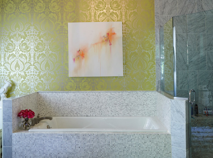 Yellow Damask Wallpaper Eclectic Bathroom Caldwell Flake