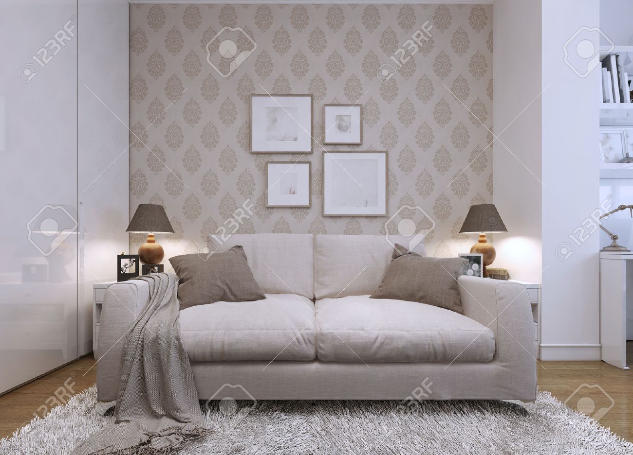 Beige Sofa In The Living Room A Modern Style Wallpaper On