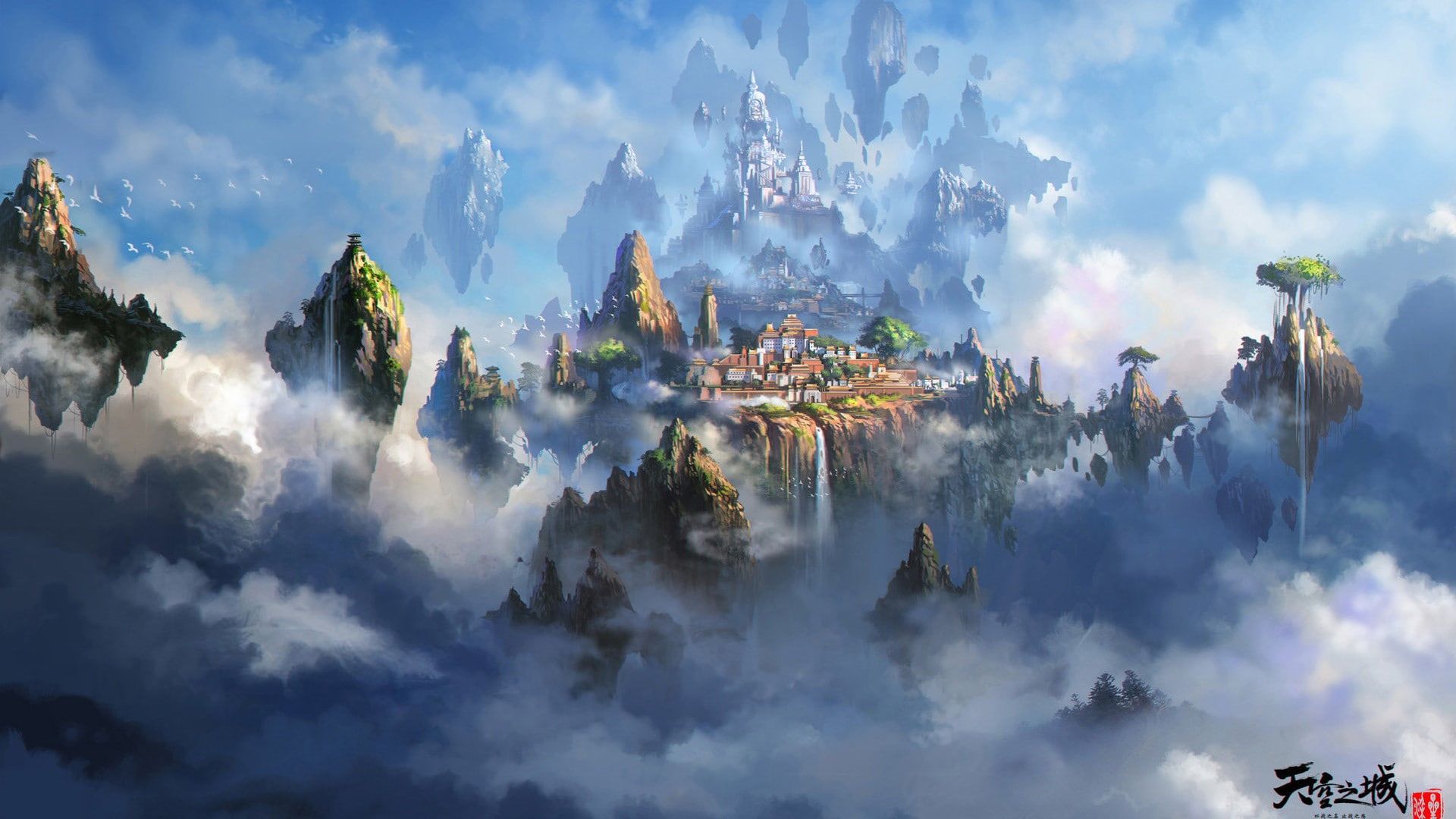 fantasy floating city and mountains 1080P wallpaper hdwallpaper 1920x1080