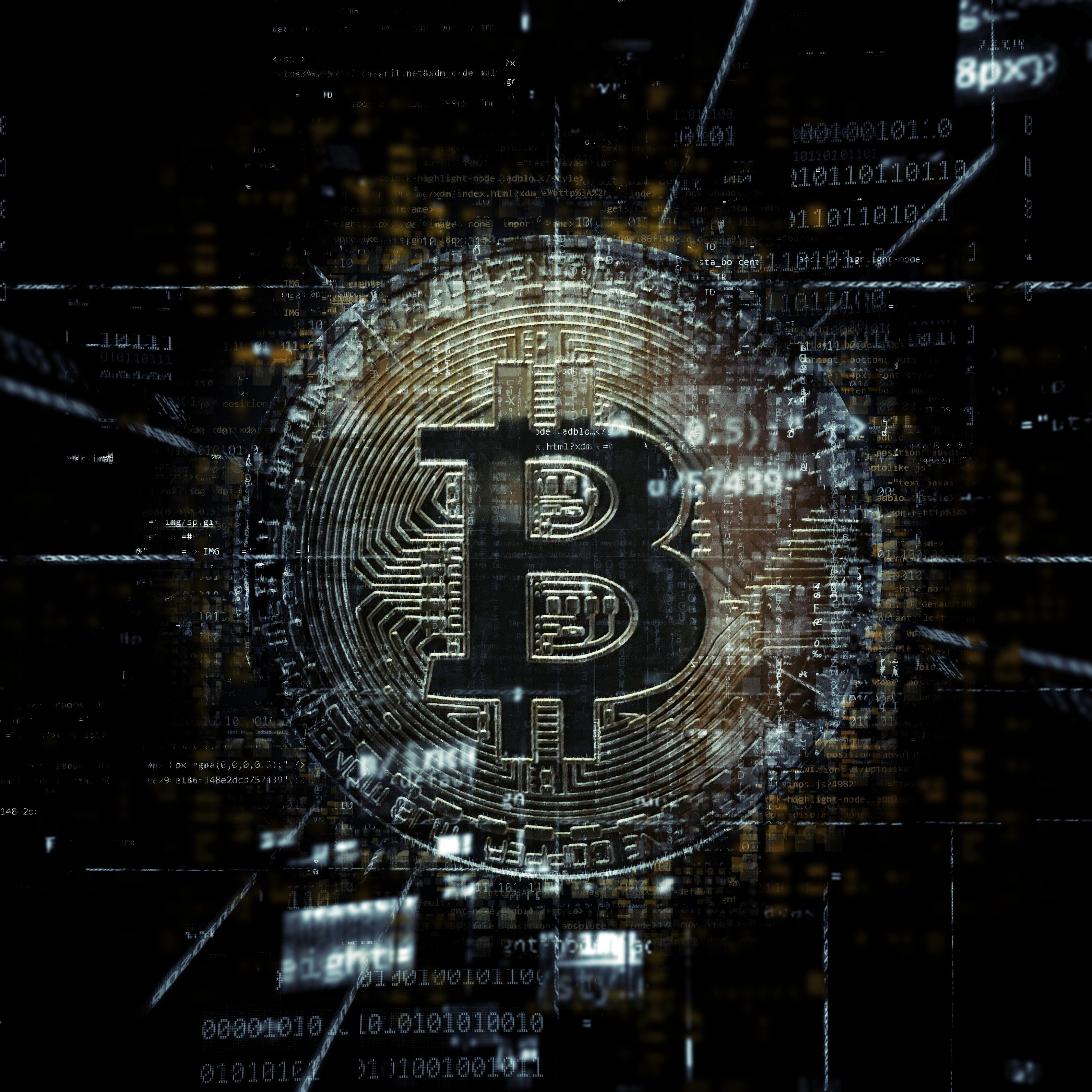 A Bitcoin symbol emblazoned on a dark, textured background, overlaid with binary code and network lines, evoking the digital and interconnected nature of cryptocurrency