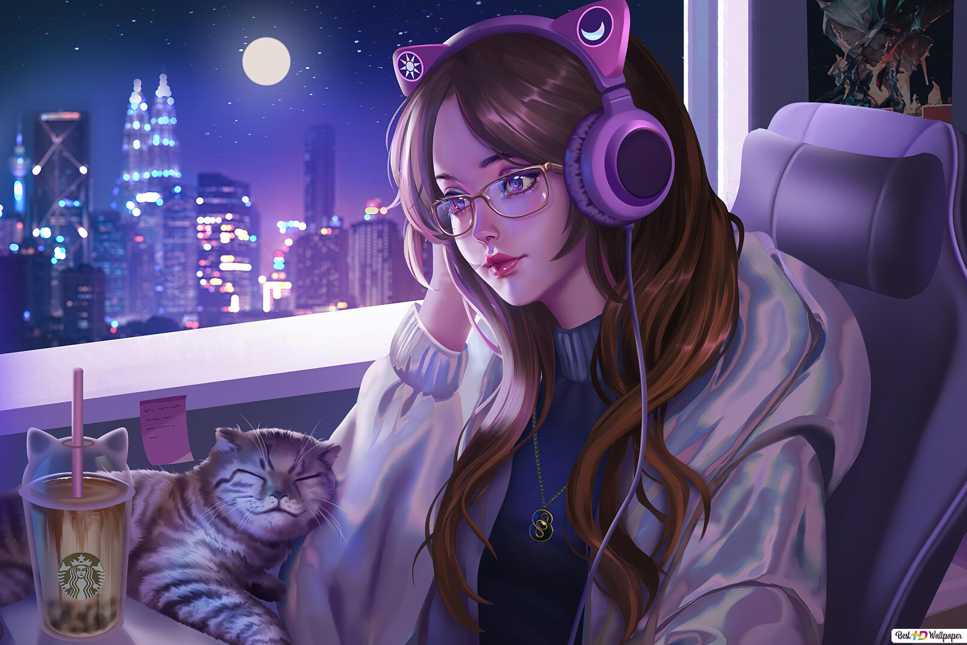 Anime Girl Lofi Cat HD Wallpaper