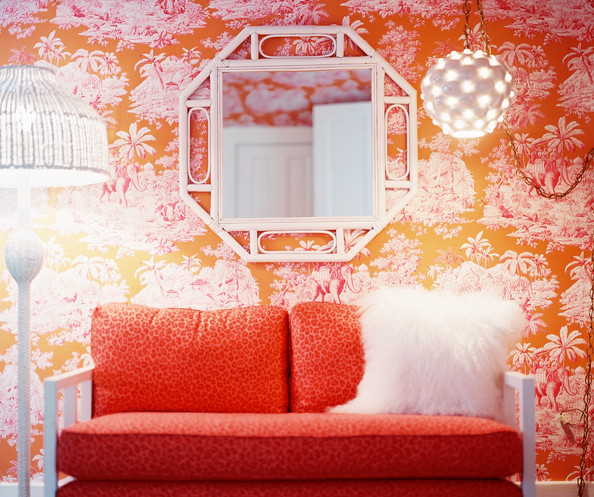 Bohemian Living Room   Pink and orange wallpaper and a leopard print