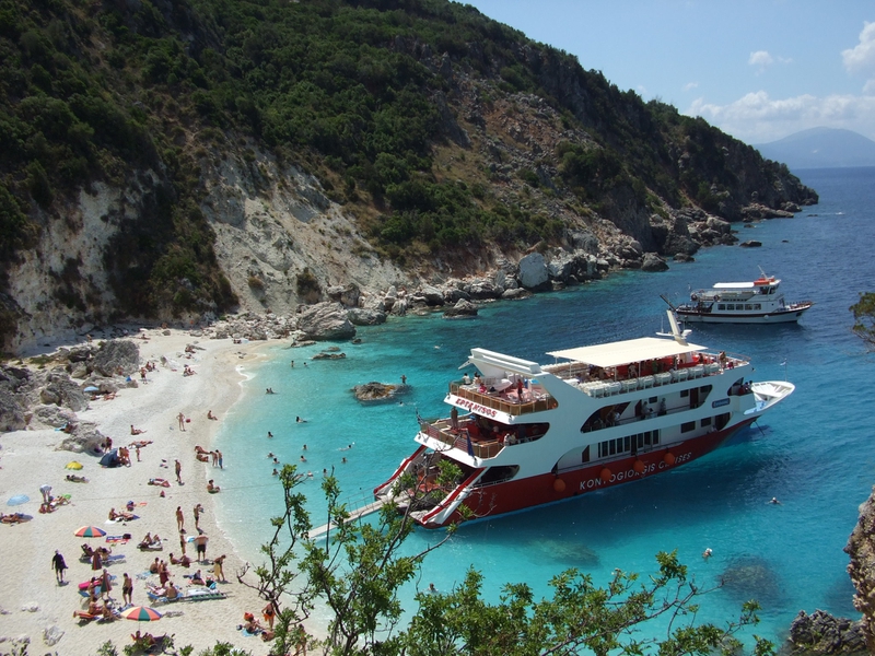 Boats Cruis Greece Lefkada Nature Beaches HD Desktop Wallpaper