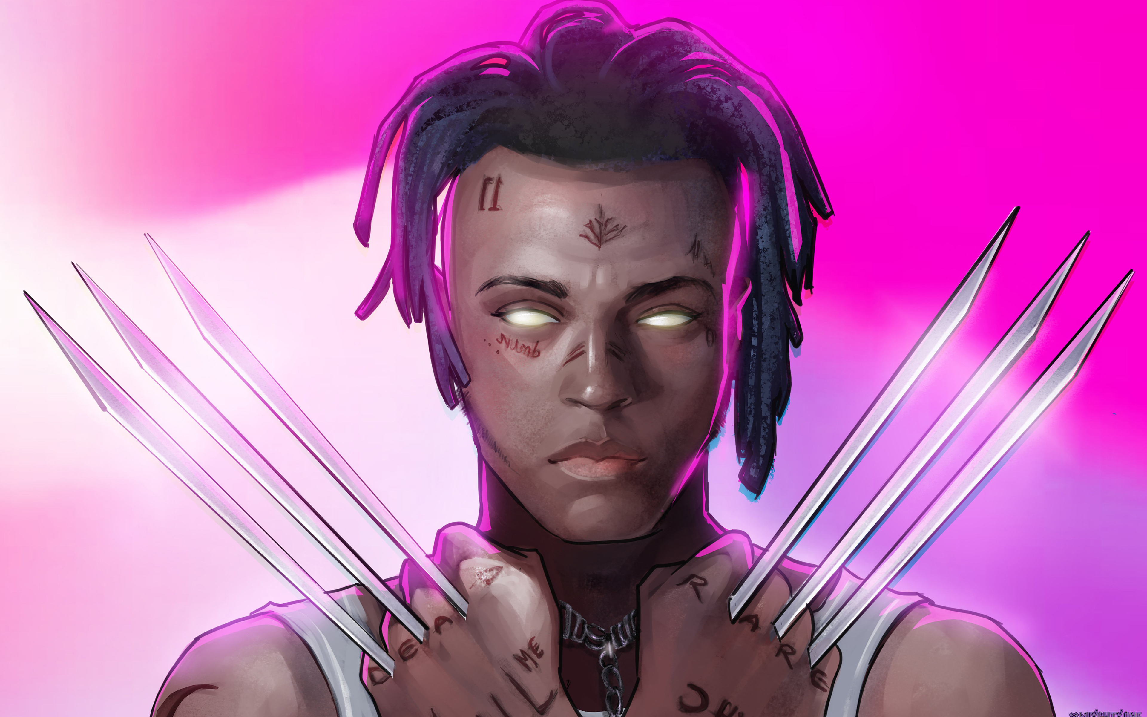 XXXTentacion as Wolverine with glowing eyes and metal claws, against a vibrant pink background, fan art wallpaper