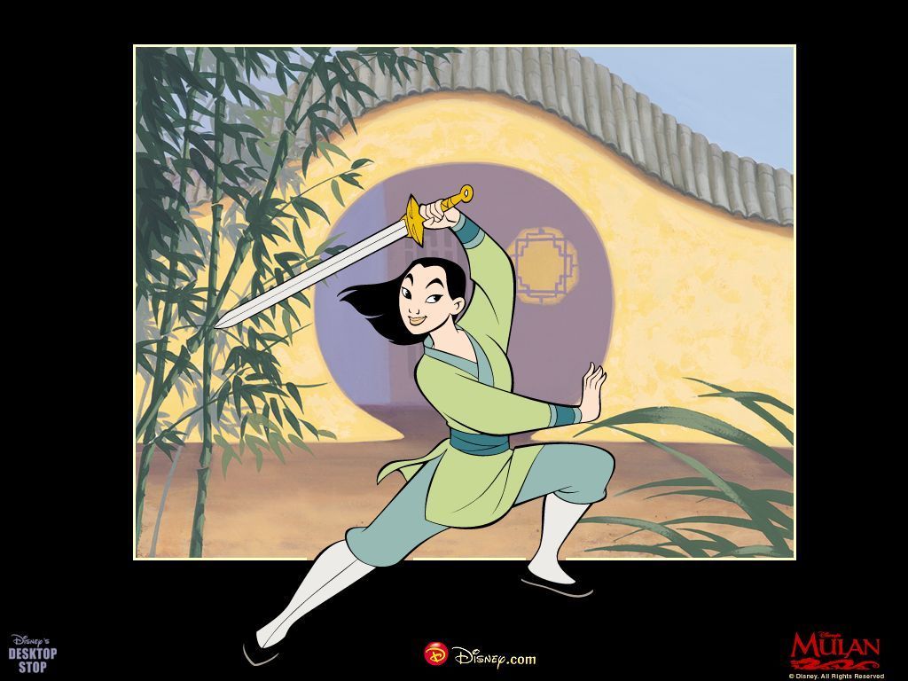 Mulan practicing her swordsmanship in a traditional Chinese courtyard