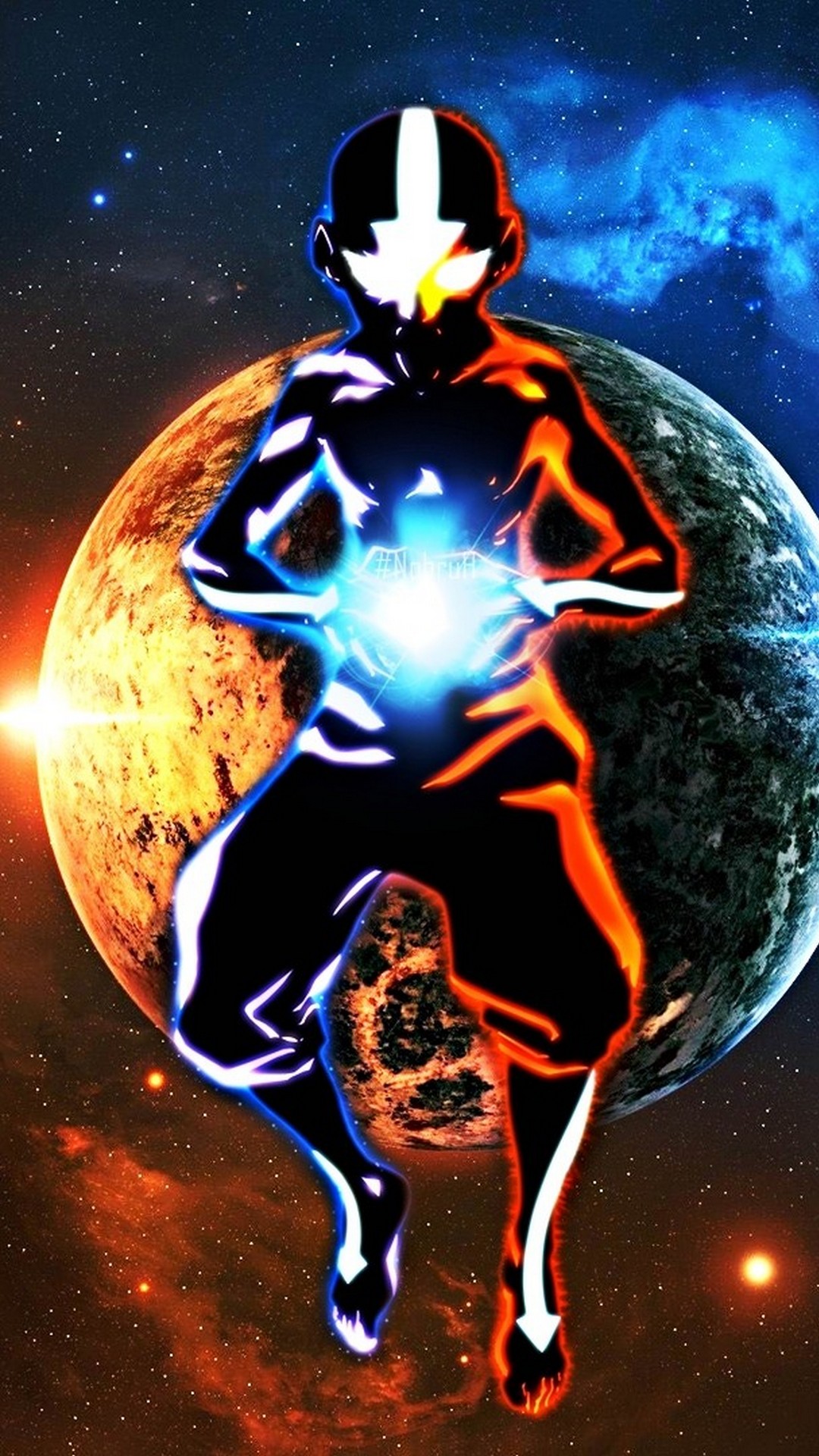 Avatar Aang, glowing with cosmic energy, floats in space with a vibrant, stylized planet behind him, suitable for a cool phone wallpaper