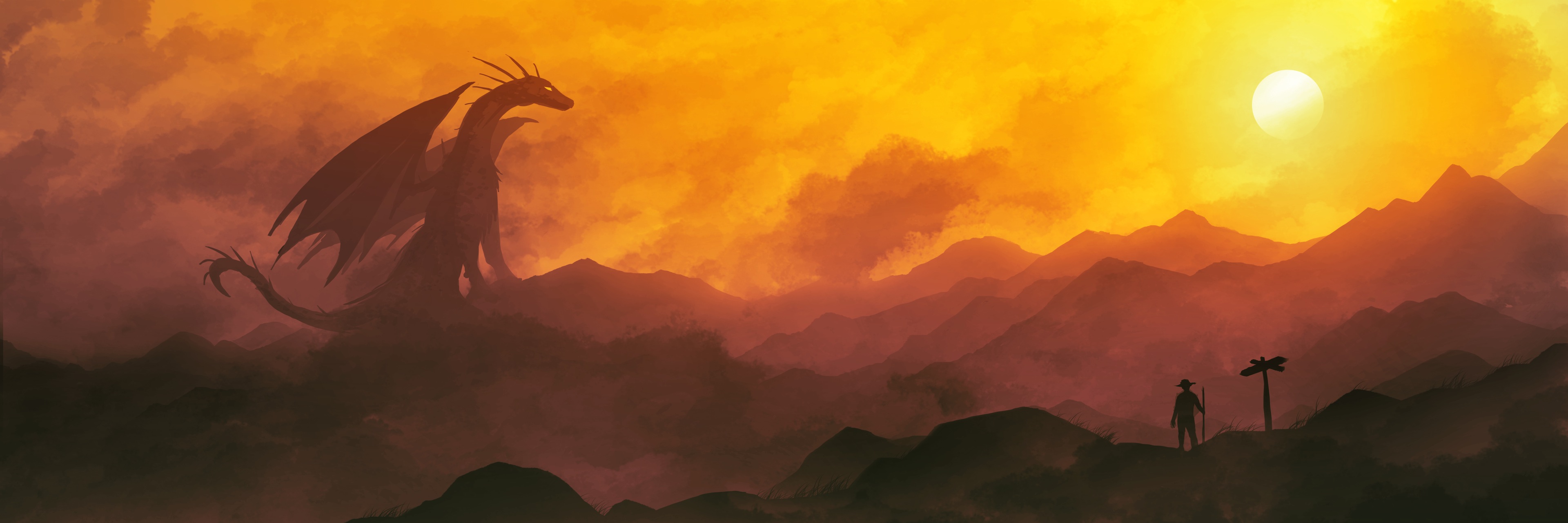 A lone wanderer stands before a majestic dragon silhouetted against a vibrant sunset in a mountainous landscape