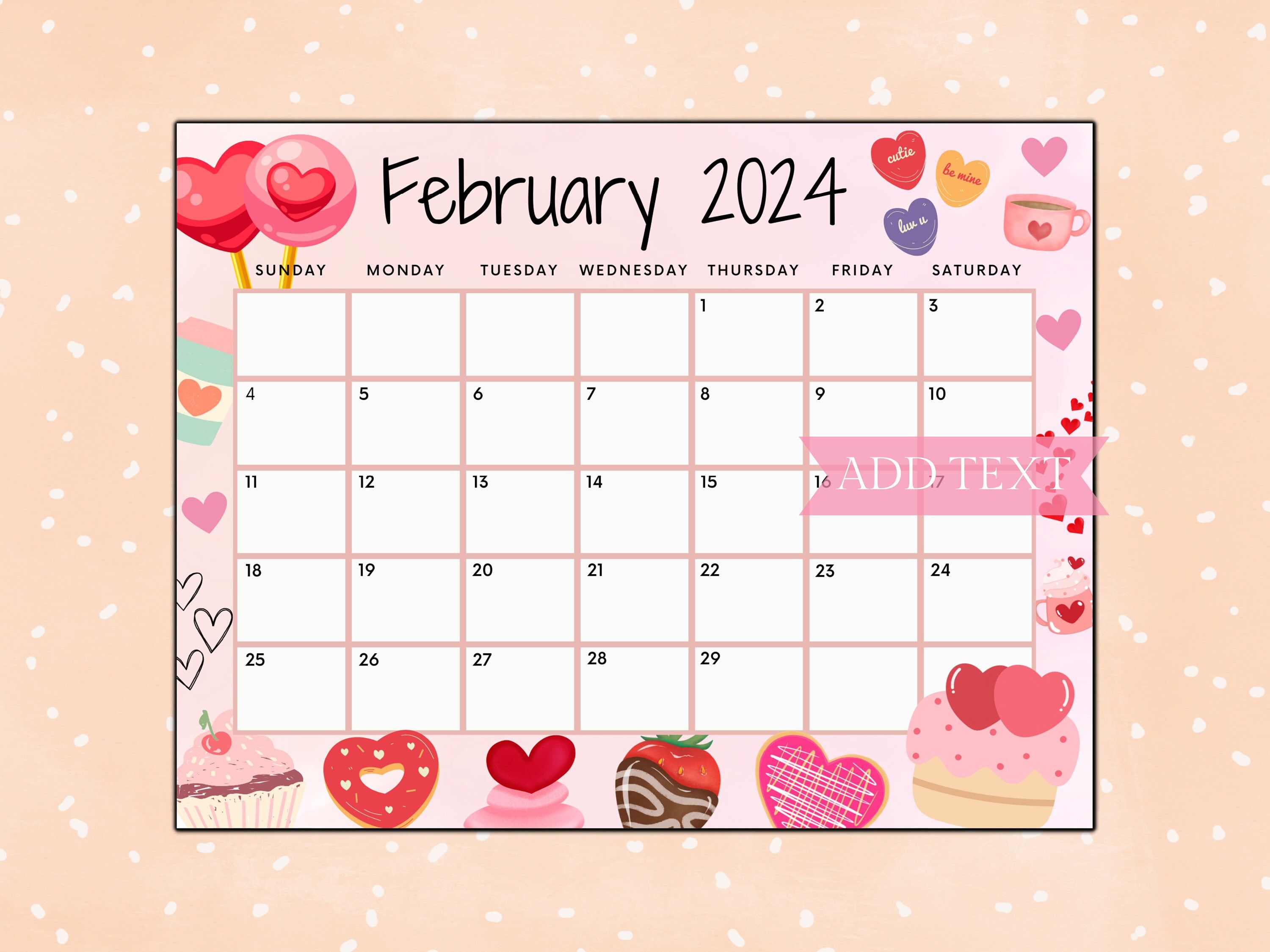 February 2024 calendar with Valentine's Day theme