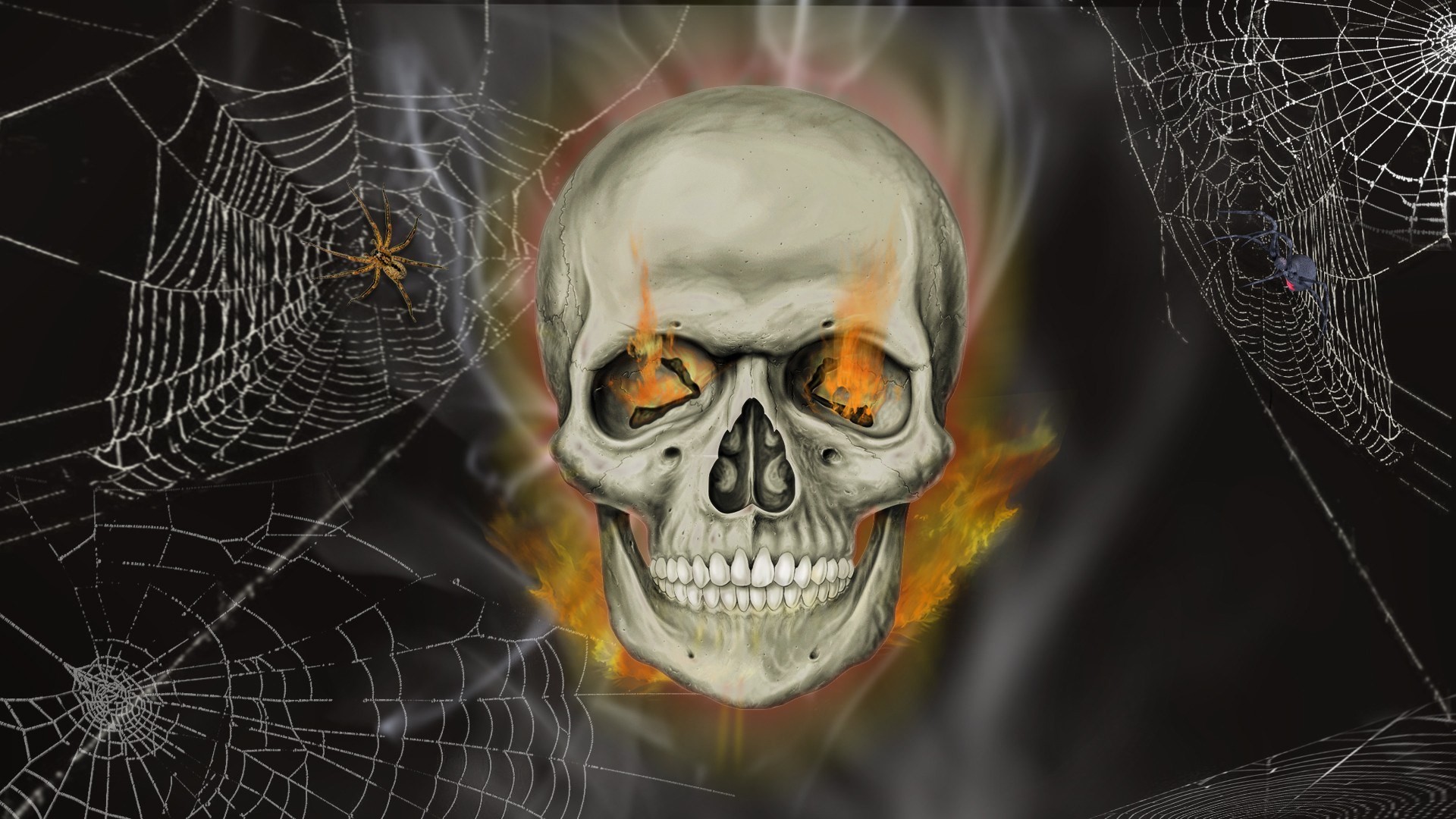 Flaming Skull with Spiderwebs: A Spooky Halloween Desktop Wallpaper