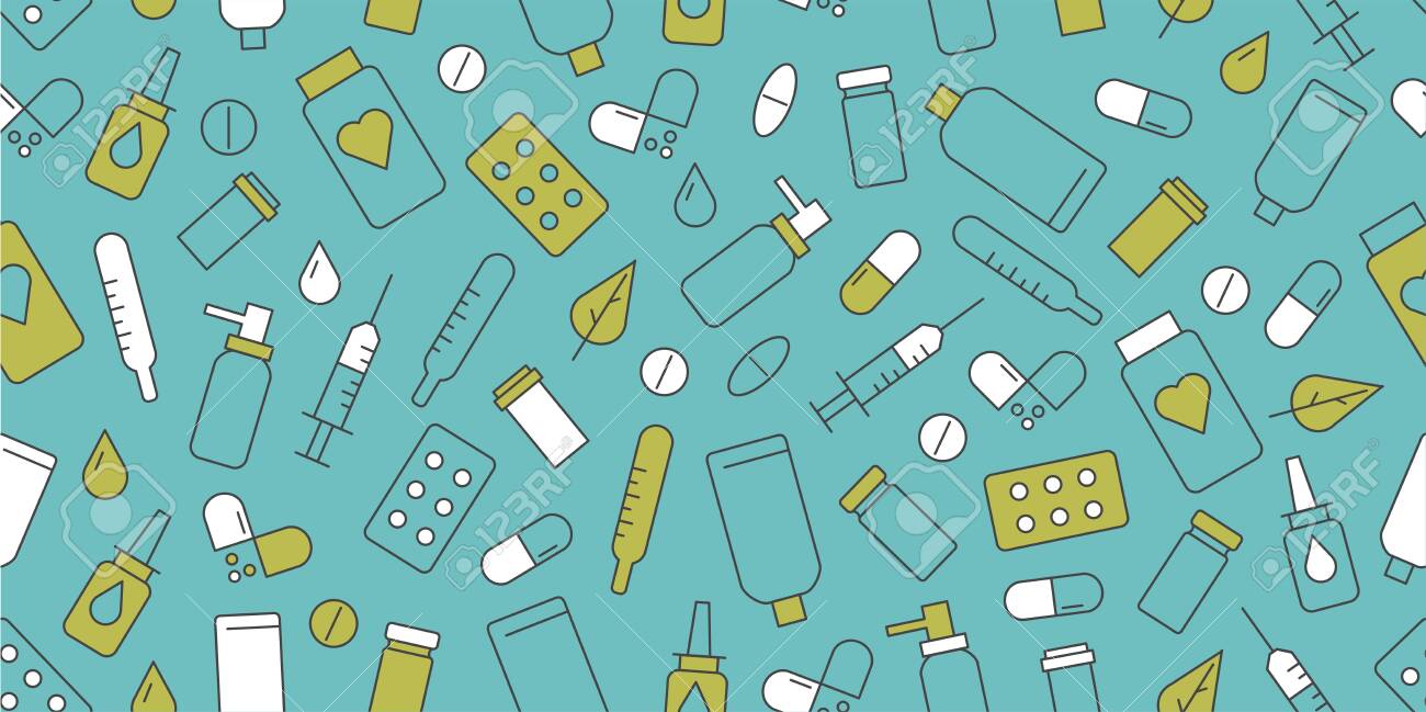 Seamless Pattern Of Medical Drugs Icons Medkit Items Cover For