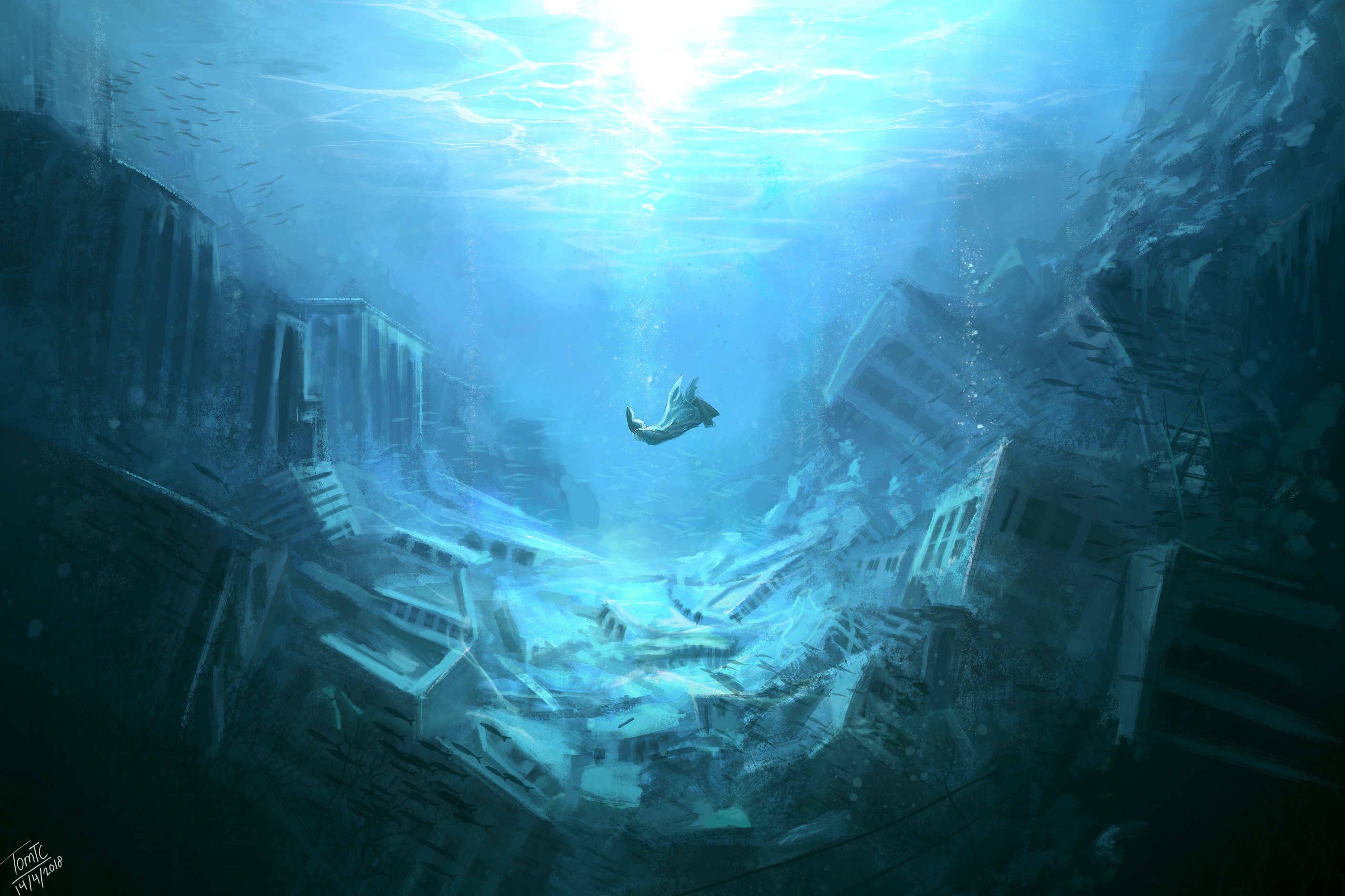 A mesmerizing 4K underwater wallpaper featuring the ruins of a lost city, bathed in ethereal blue light. A lone figure swims through the serene underwater landscape, exploring the ancient architecture now reclaimed by the sea