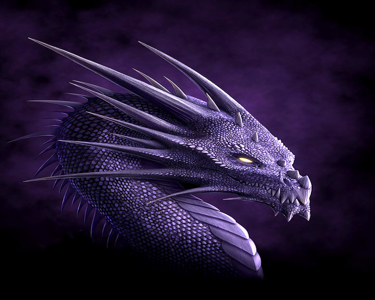 A majestic purple dragon with glowing eyes and sharp horns against a dark backdrop