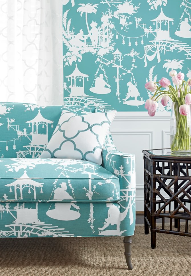 Chinoiserie Inspired Wallpaper And Sofa Upholstery In South Sea Fabric