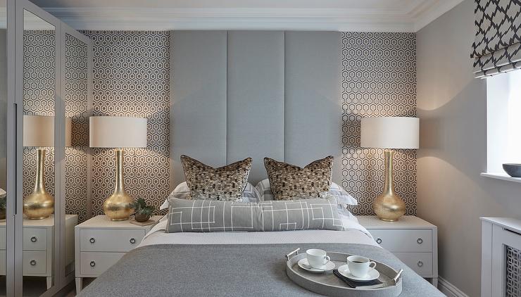 Gray Bedroom With David Hicks Hexagon Wallpaper Contemporary