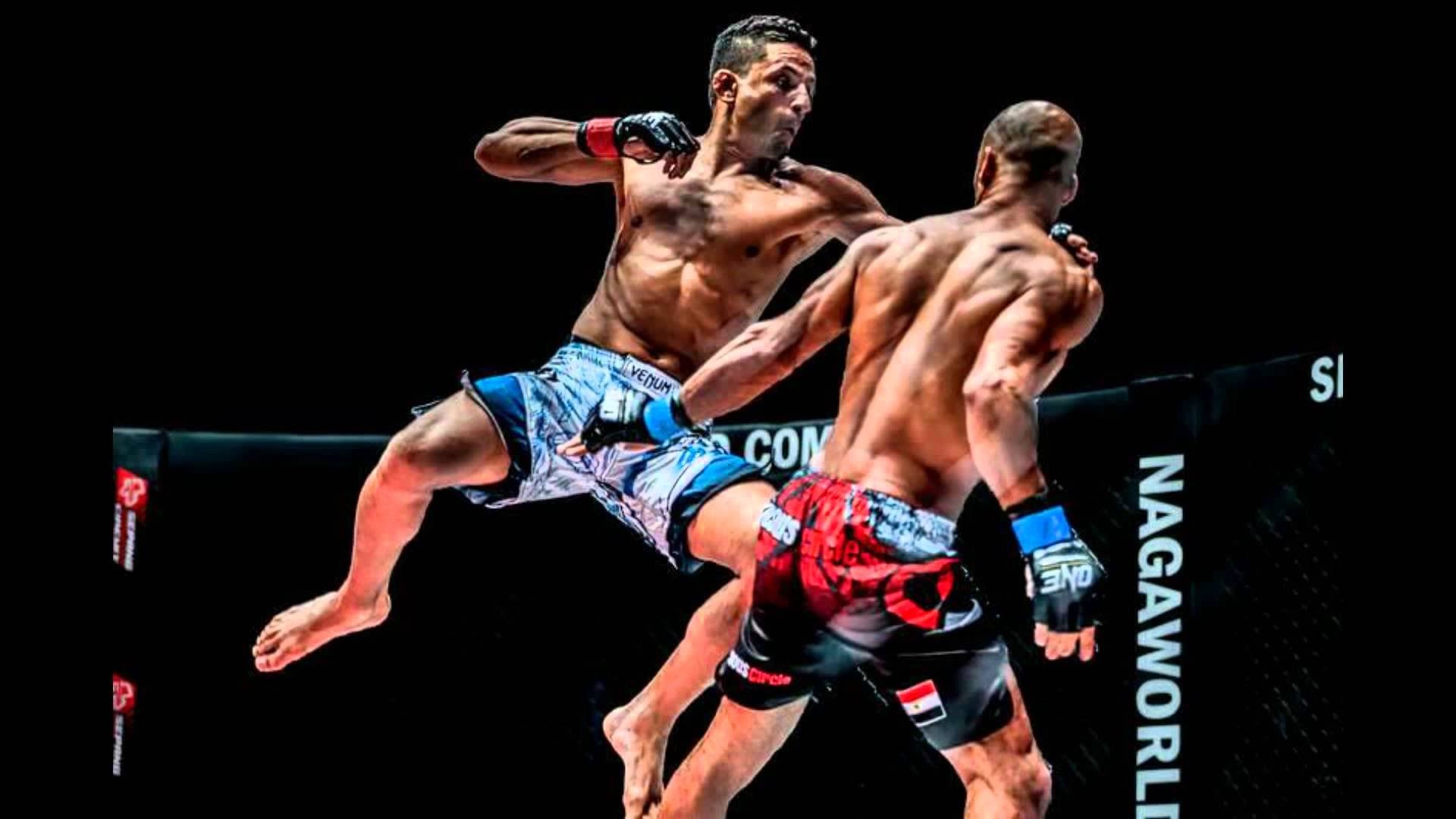 Two martial artists competing in a mixed martial arts fight, one executing a flying kick