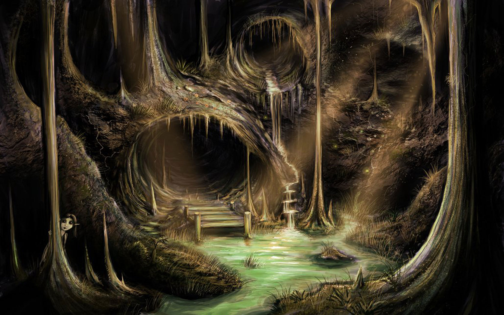 A mystical cave scene with glowing green water, stalactites, and a hidden fairy