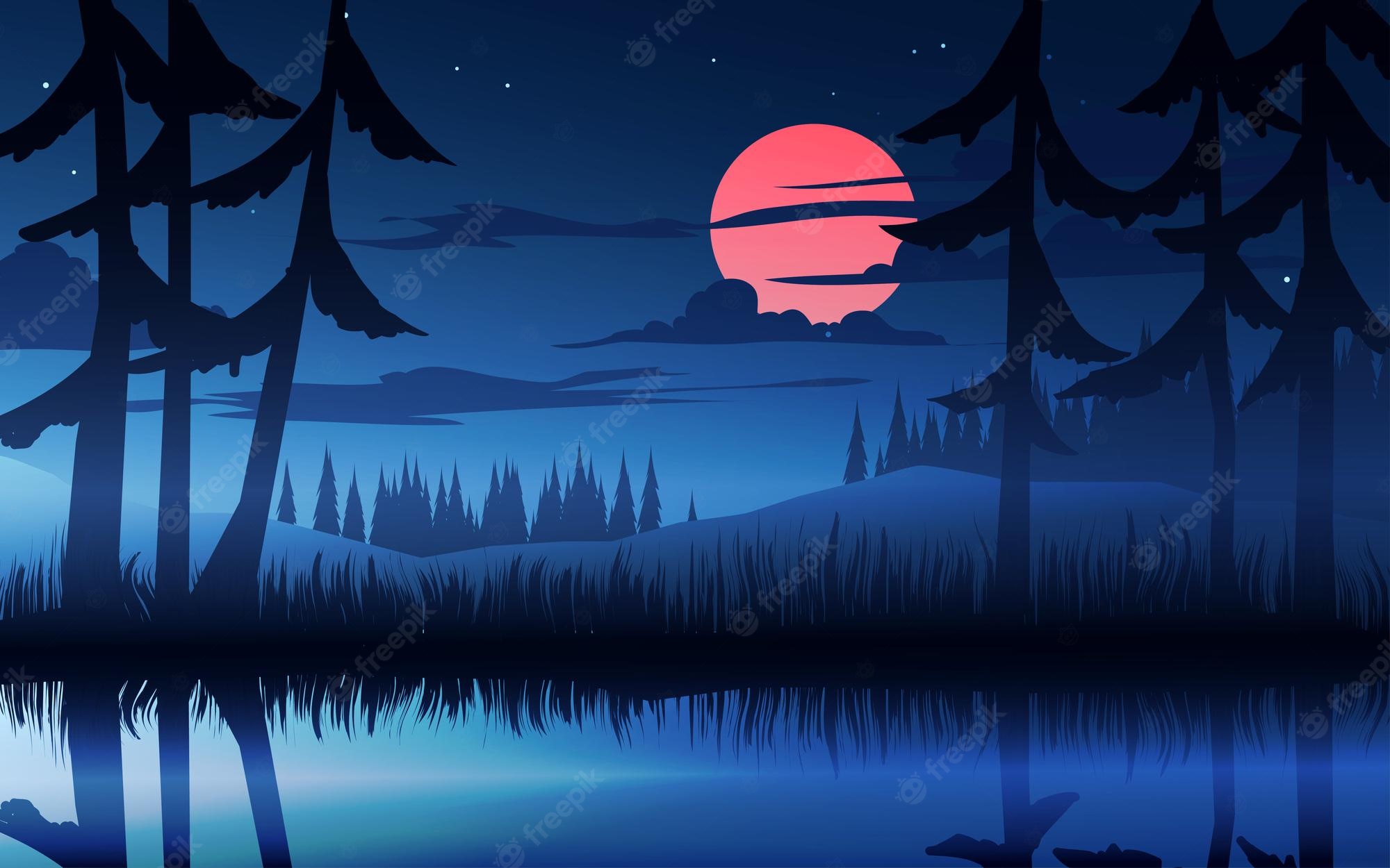 Premium Vector Beautiful Night In Forest With Pond And Moonlight