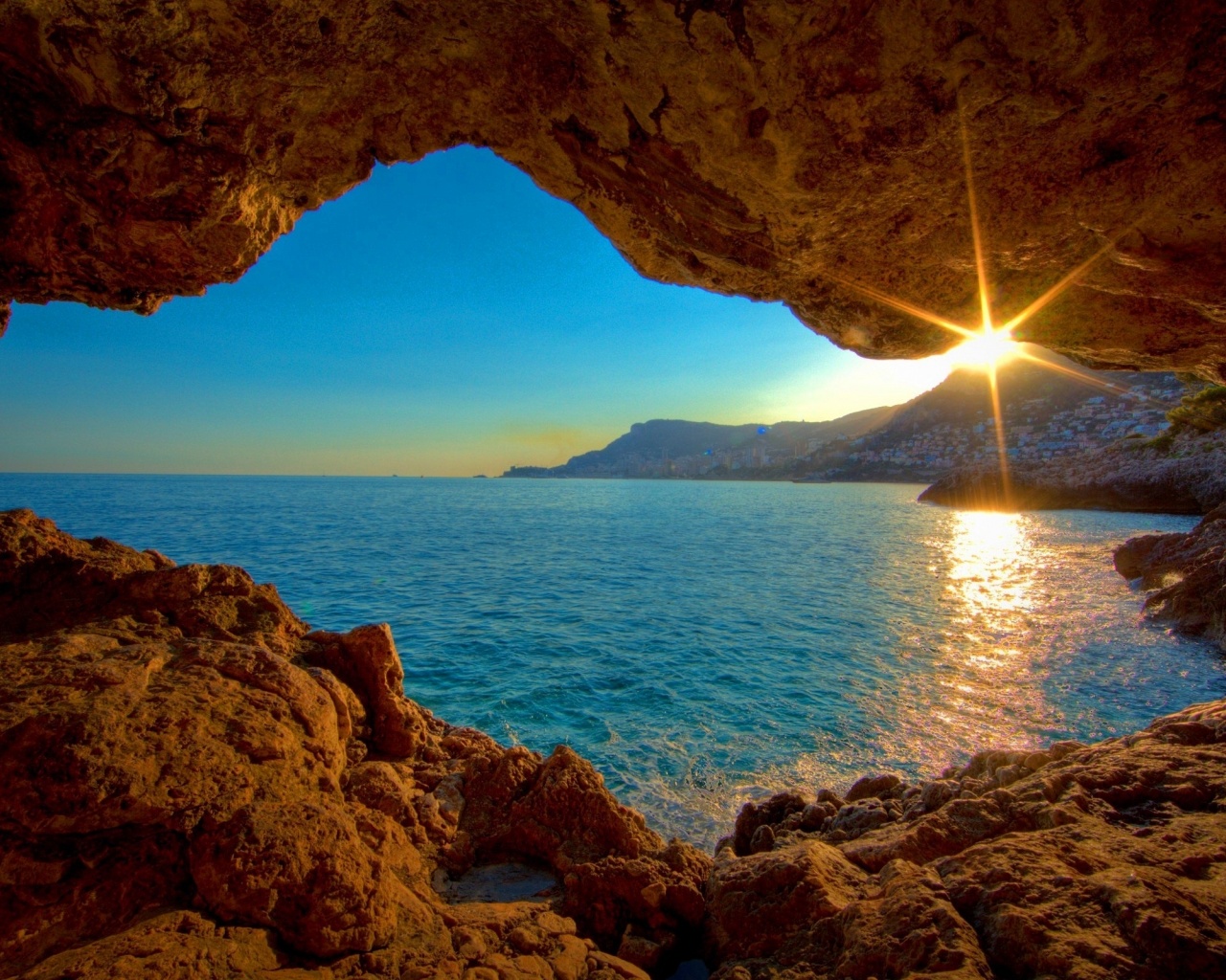 Sunrise Ocean Cave Desktop Pc And Mac Wallpaper
