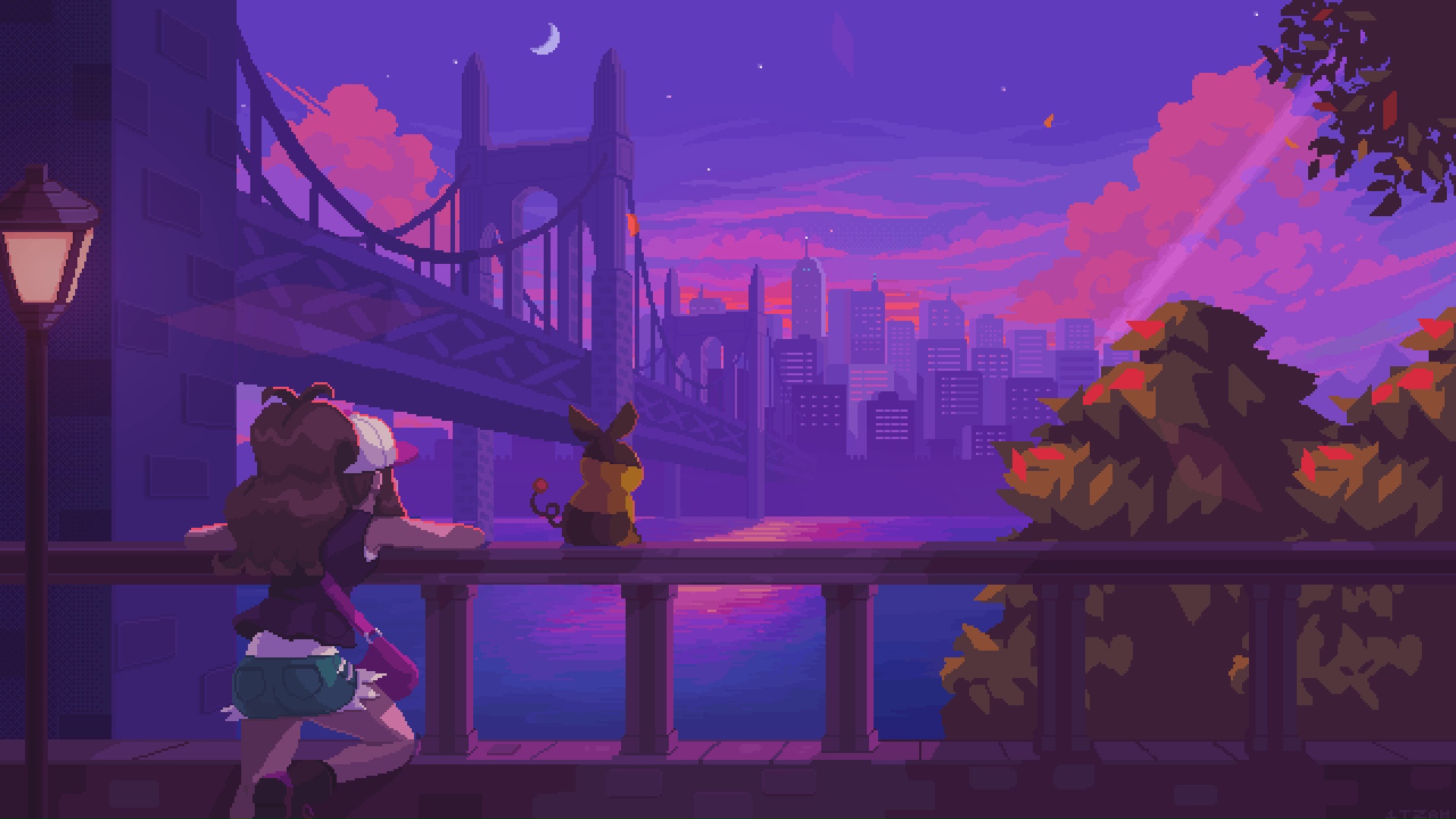 Pixel art of a Pokémon trainer and their Pokémon companion overlooking a cityscape at sunset from a bridge