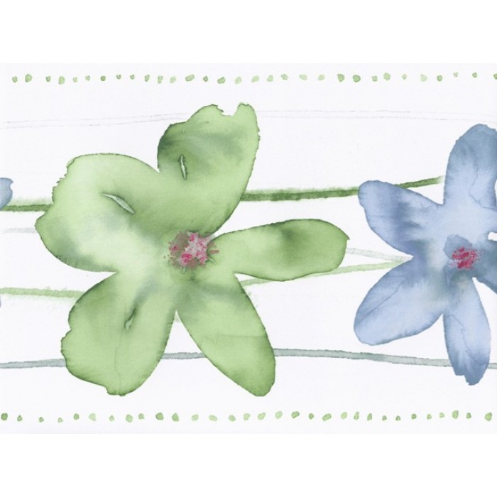 Cream Green Blue Watercolor Floral Wallpaper Border